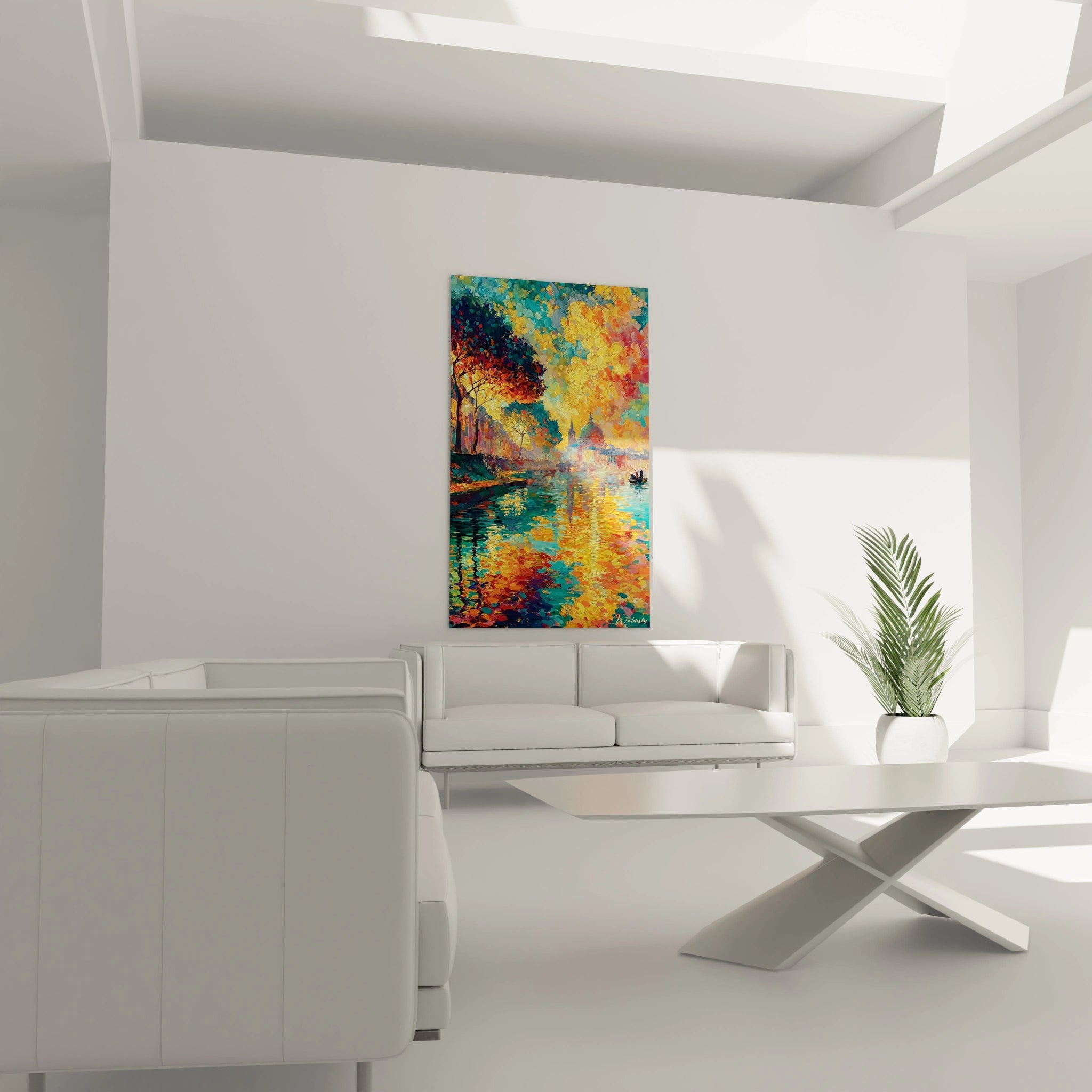 tableau cathédrale pointillisme turquoise accroché au dessus canapé blanc salon minimaliste reflet sur l eau