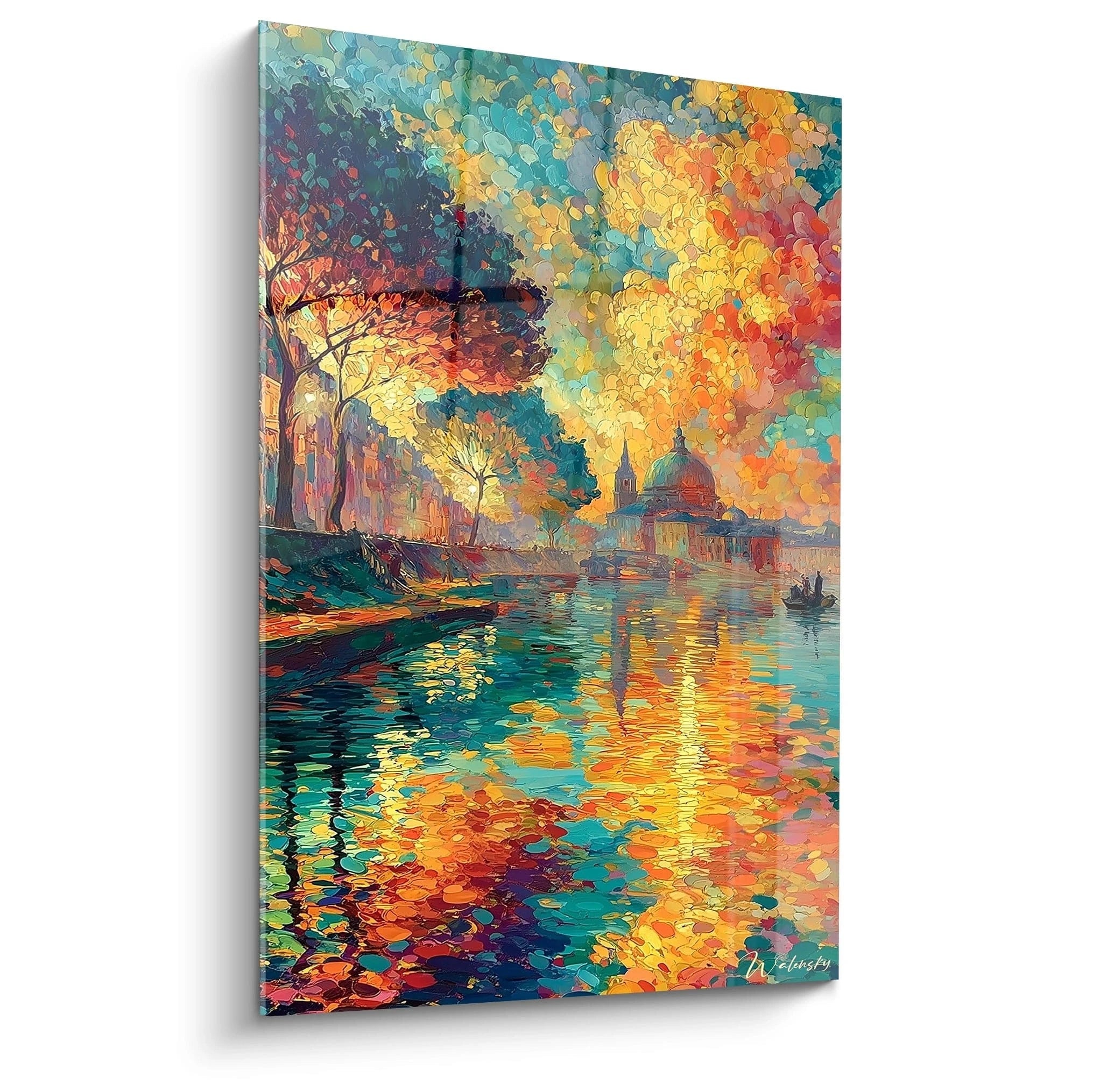 Walensky tableau cathédrale pointillisme turquoise montrant un édifice sur un canal avec reflets colorés