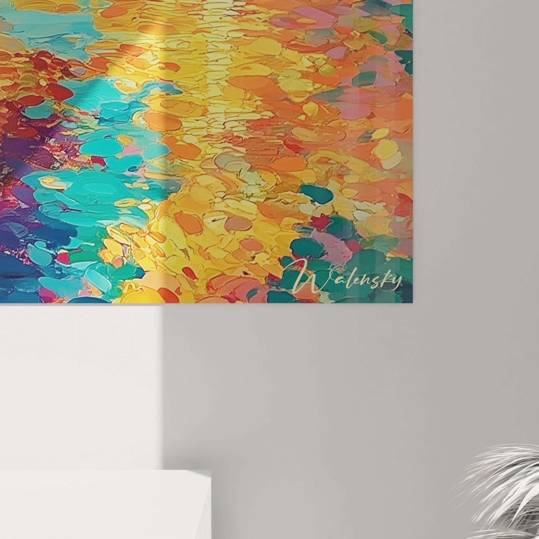 tableau cathédrale pointillisme turquoise Walensky tableau mural abstrait multicolore accroché au mur