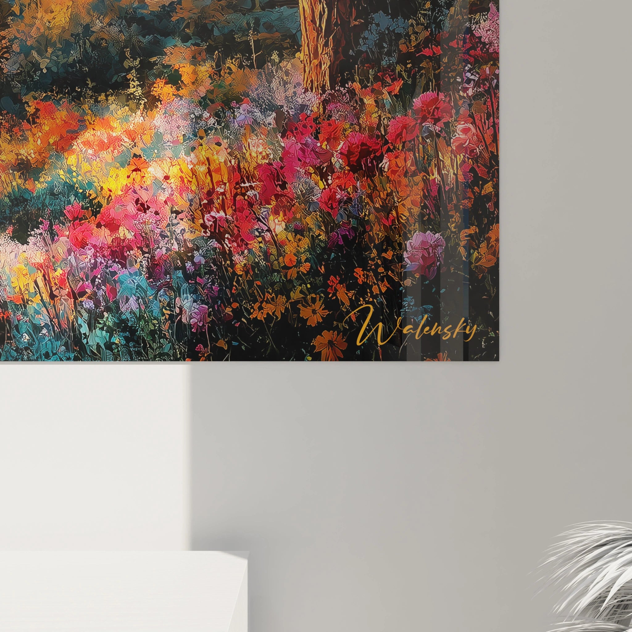 Tableau mural Walensky paysage floral éclatant signé sur fond mur gris déco moderne tableau cathédrale gothique