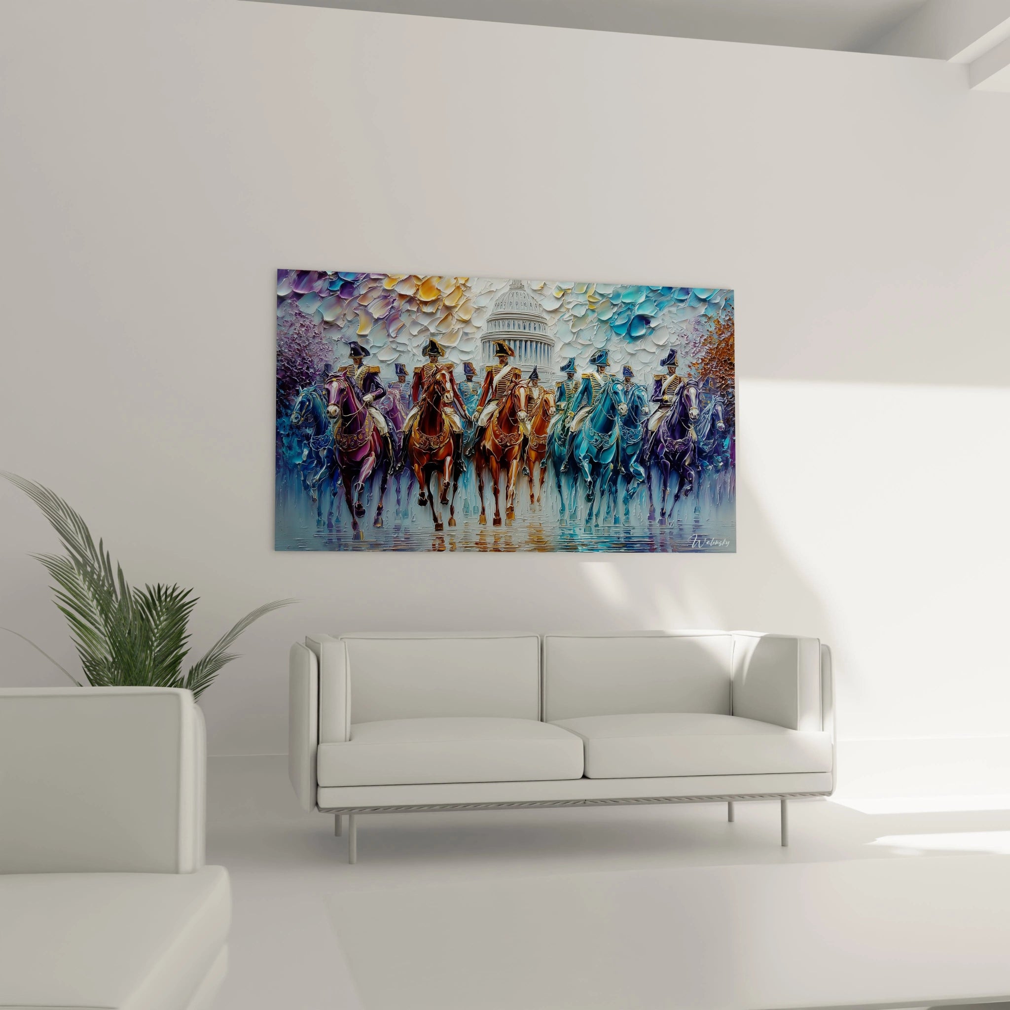 tableau cavalerie impériale Walensky peinture murale colorée en relief montrant cavaliers à cheval