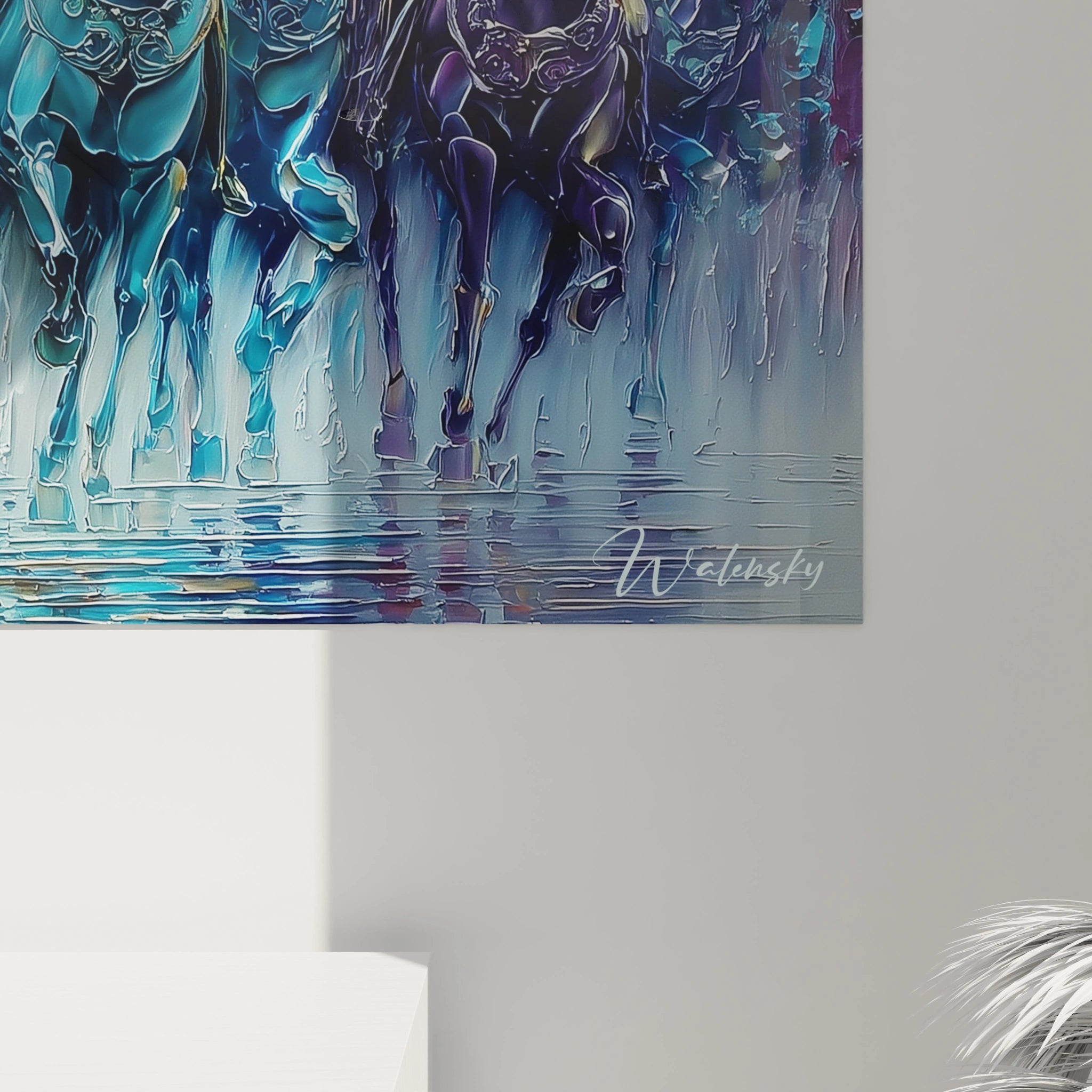 tableau cavalerie impériale mural Walensky montrant chevaux galopant en peinture texturée bleu et violet