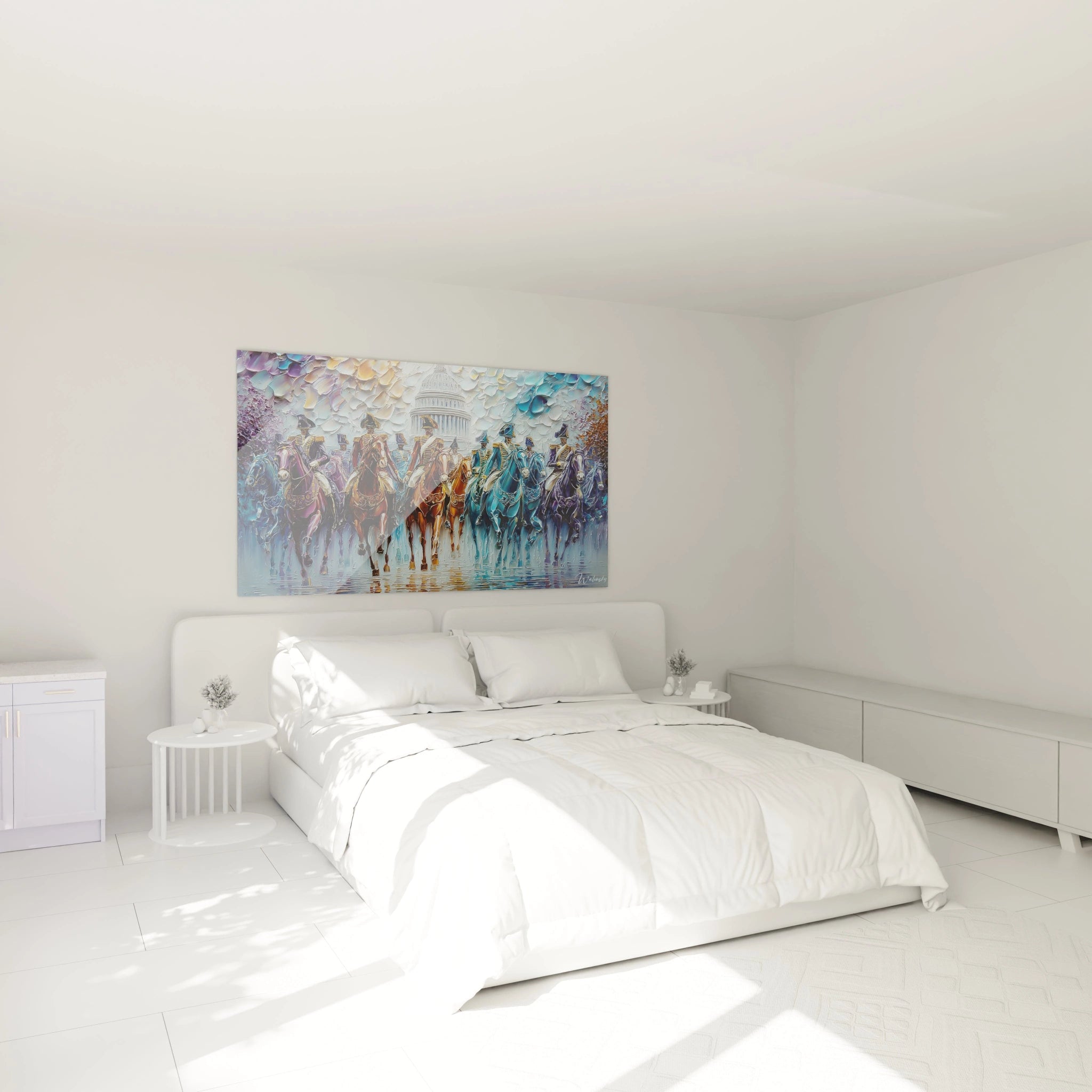 Chambre blanche minimaliste avec lit king size et tableau cavalerie impériale coloré signé Walensky