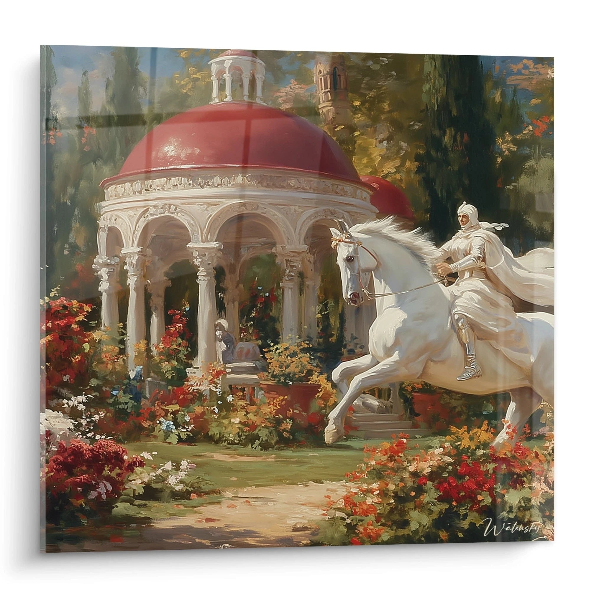 tableau cavalier blanc ivoire montrant un cavalier sur un cheval ivoire devant un pavillon dome rouge dans un jardin fleuri