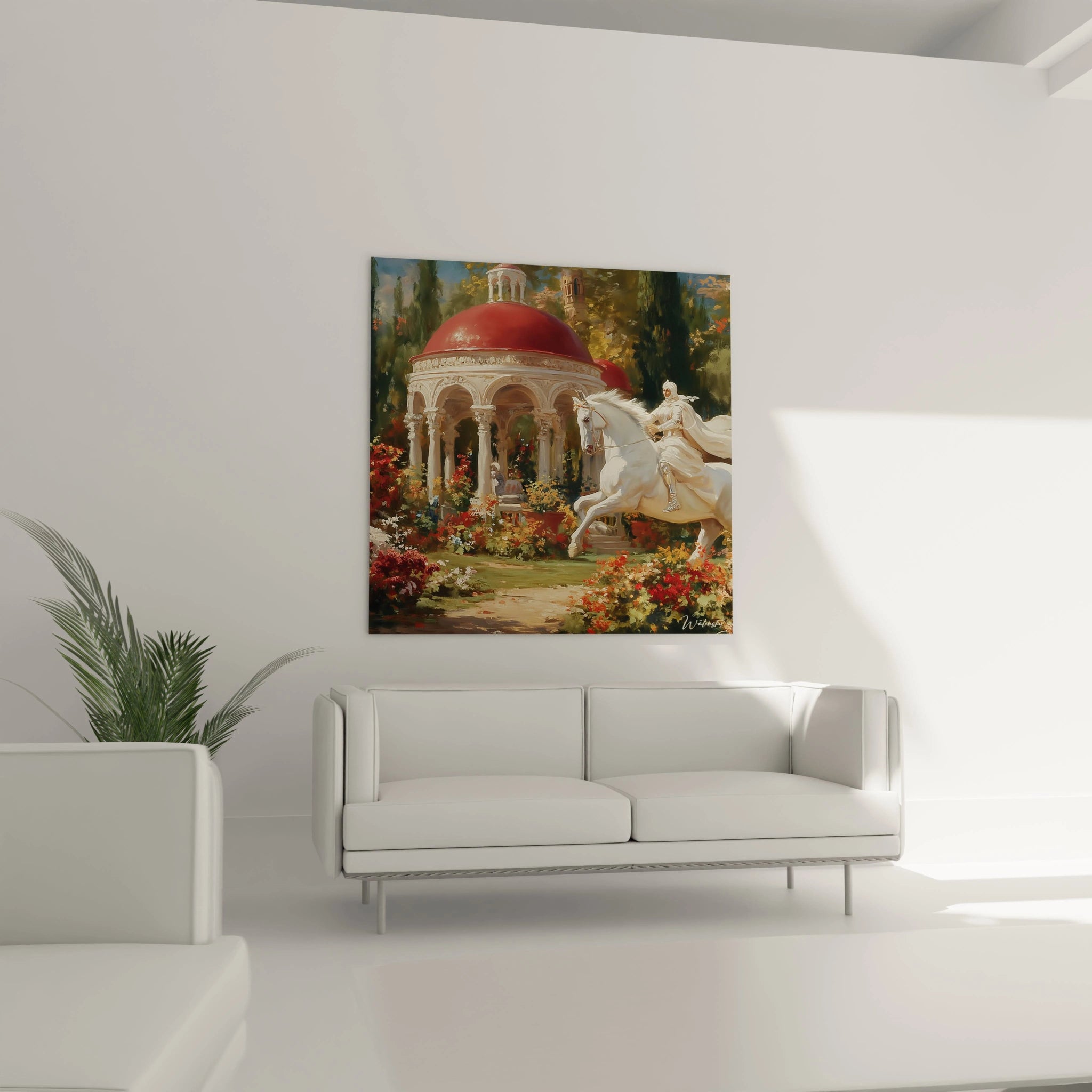 Tableau mural Walensky montrant un cavalier sur un cheval ivoire devant un kiosque fleuri tableau cavalier blanc ivoire