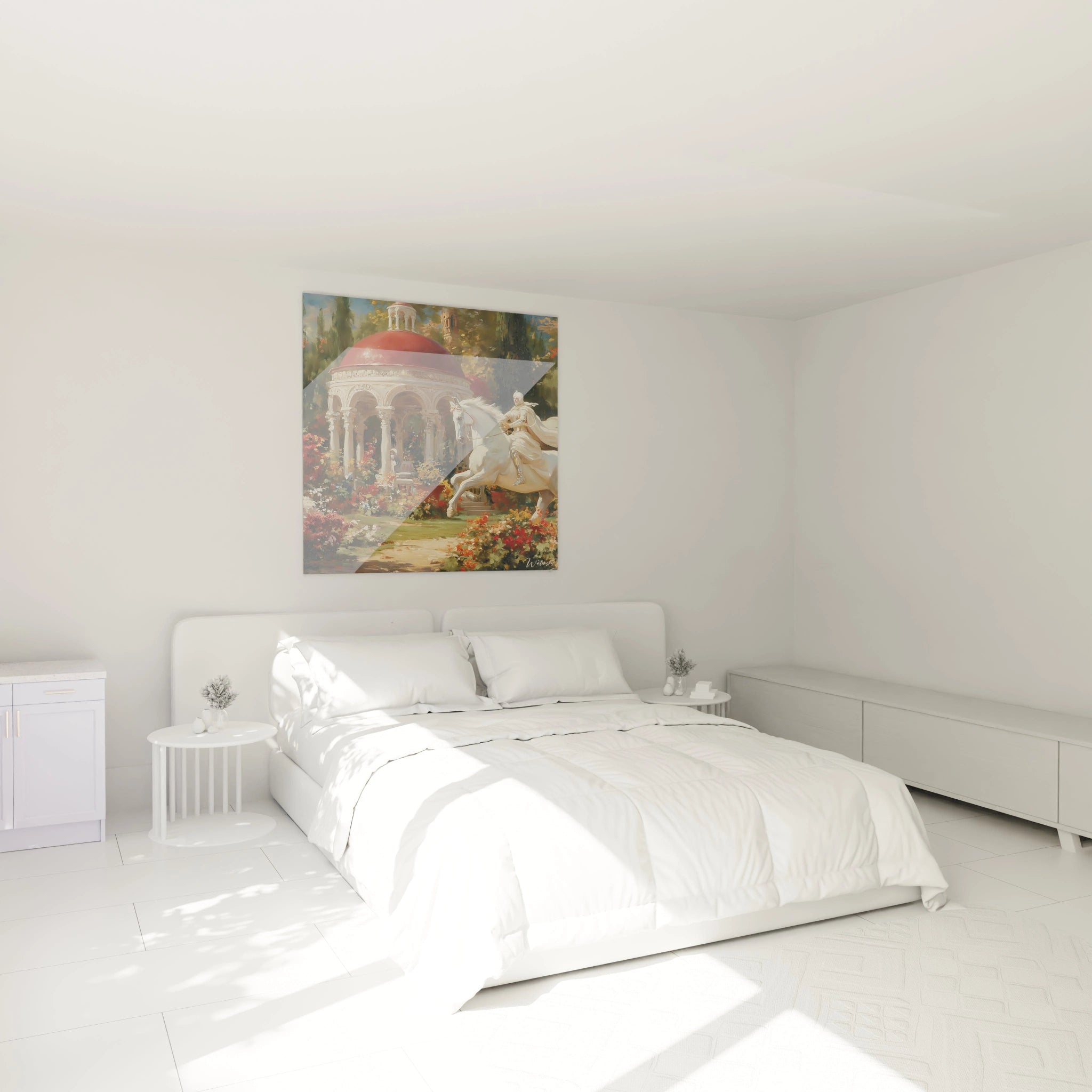 Tableau mural Walensky représentant un cavalier dans un jardin romantique au dessus du lit blanc, tableau cavalier blanc ivoire