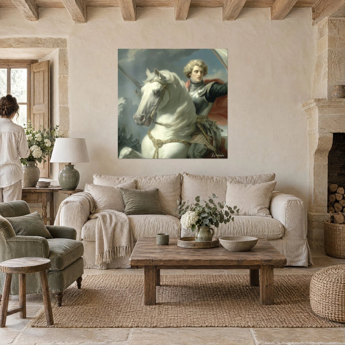 Tableau chevalier en armure d'argent sur cheval blanc, cape rouge, deux personnes de dos, au-dessus d'un canapé dans un salon lumineux
