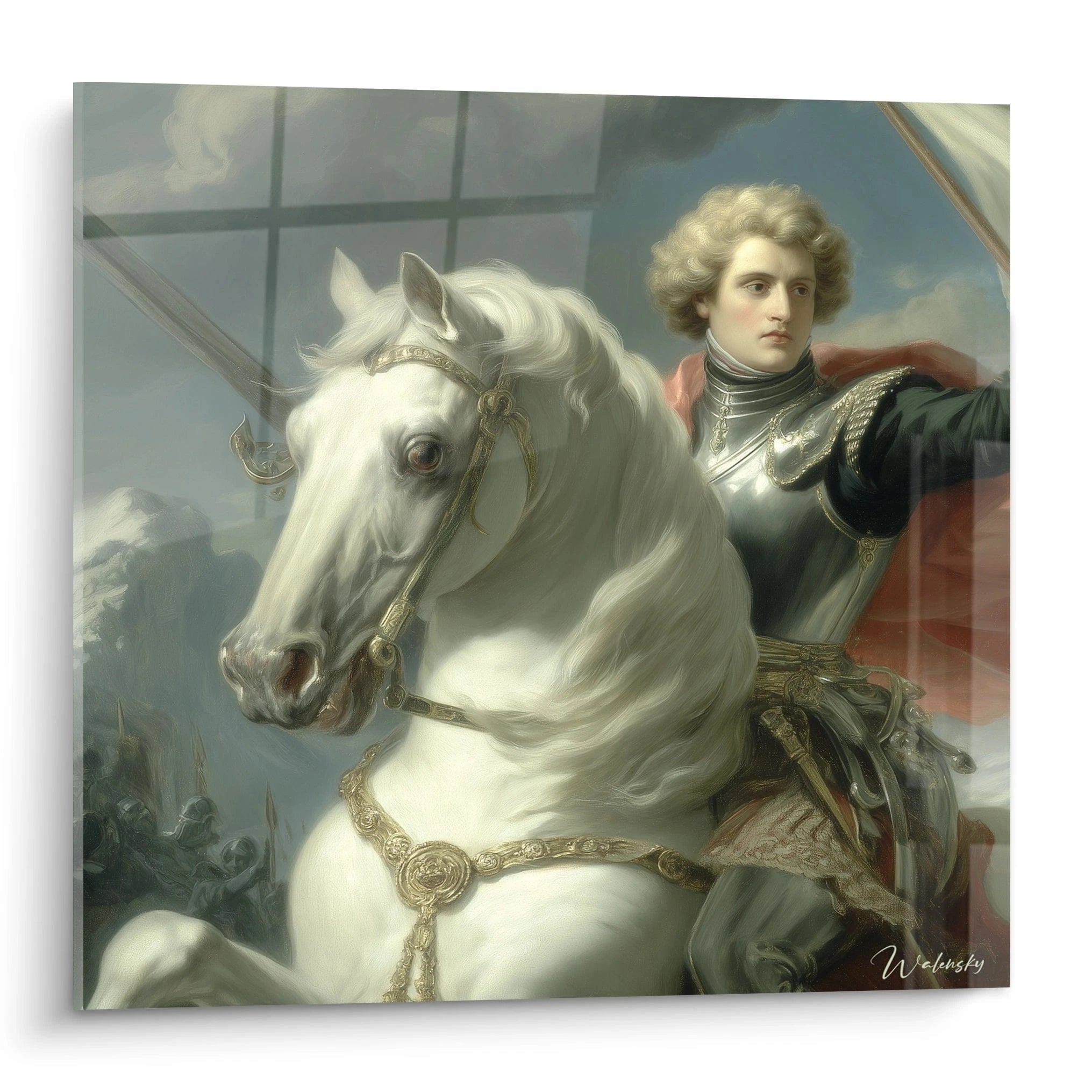 Tableau mural Walensky tableau néo classique cavalier en armure sur cheval blanc, scène lumineuse et détaillée