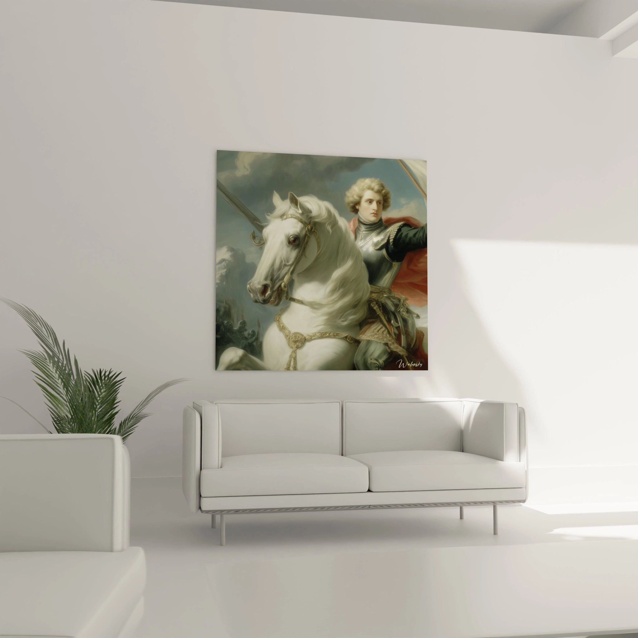 tableau néo classique cavalier Walensky accroché au dessus d un canapé blanc dans un salon minimaliste