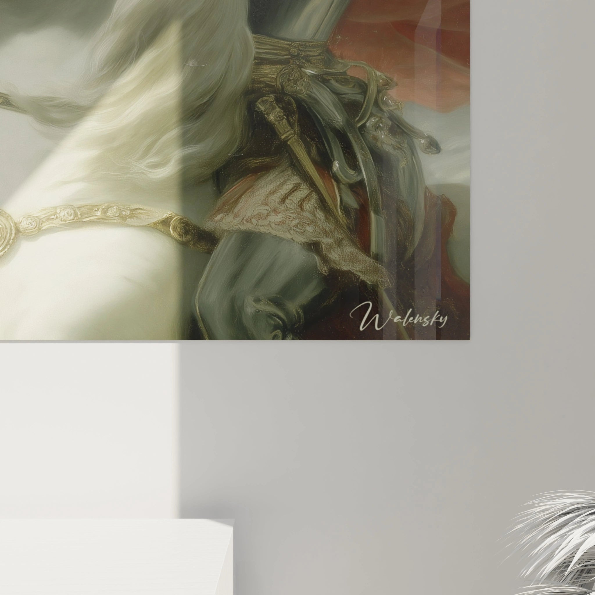 tableau néo classique cavalier Walensky gros plan d'un cavalier à cheval blanc avec selle et harnais dorés