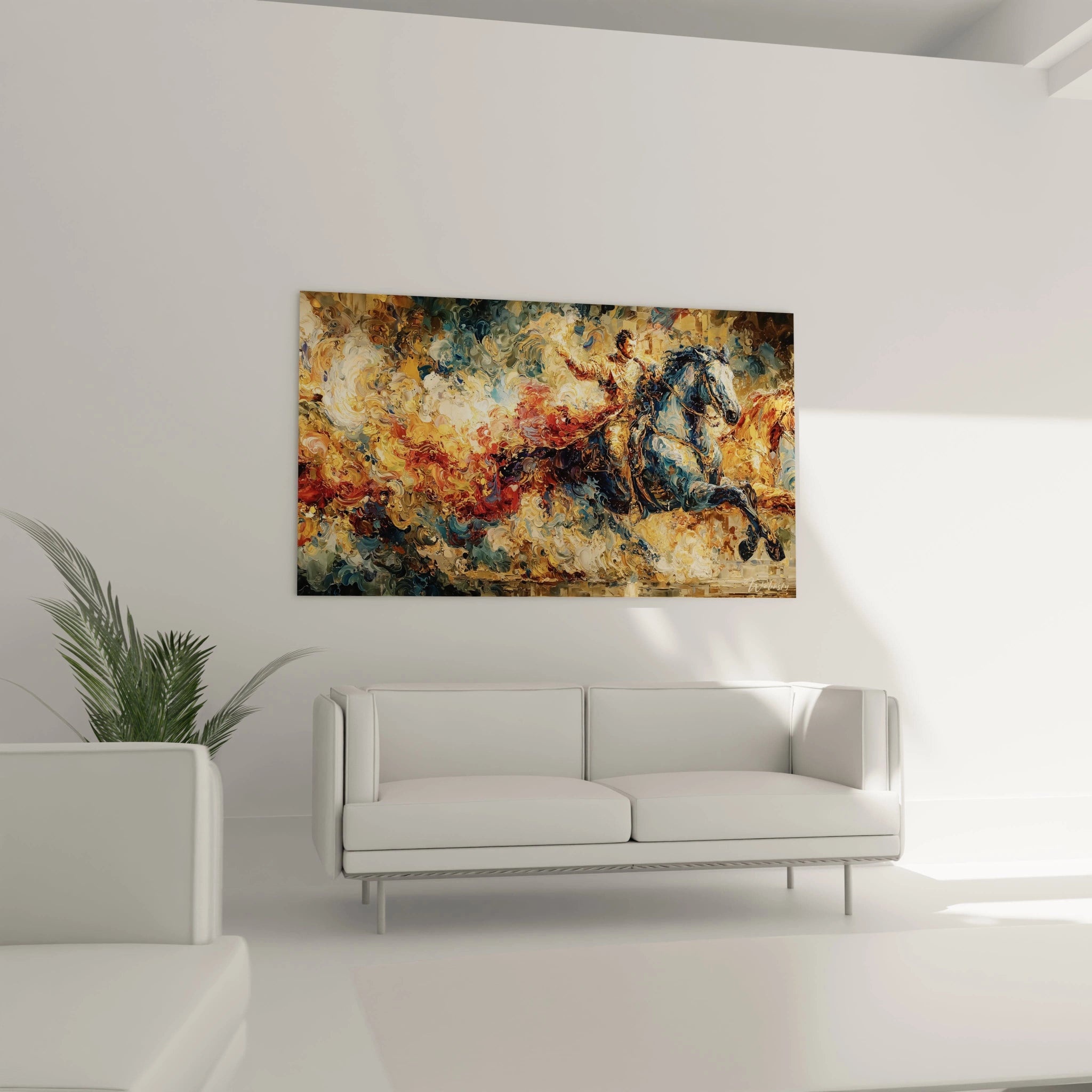 tableau cavalier baroque mural Walensky representant un cavalier sur cheval dans des couleurs chaudes et texturées