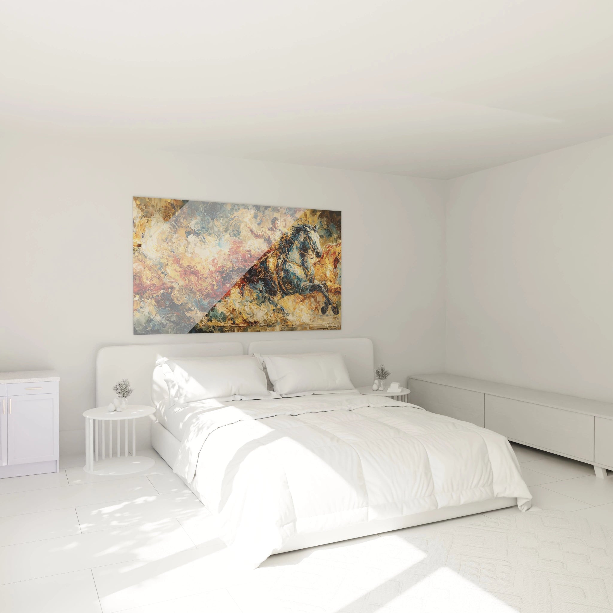 Walensky tableau cavalier baroque multicolore accroche murale au dessus du lit dans chambre minimaliste lumineuse