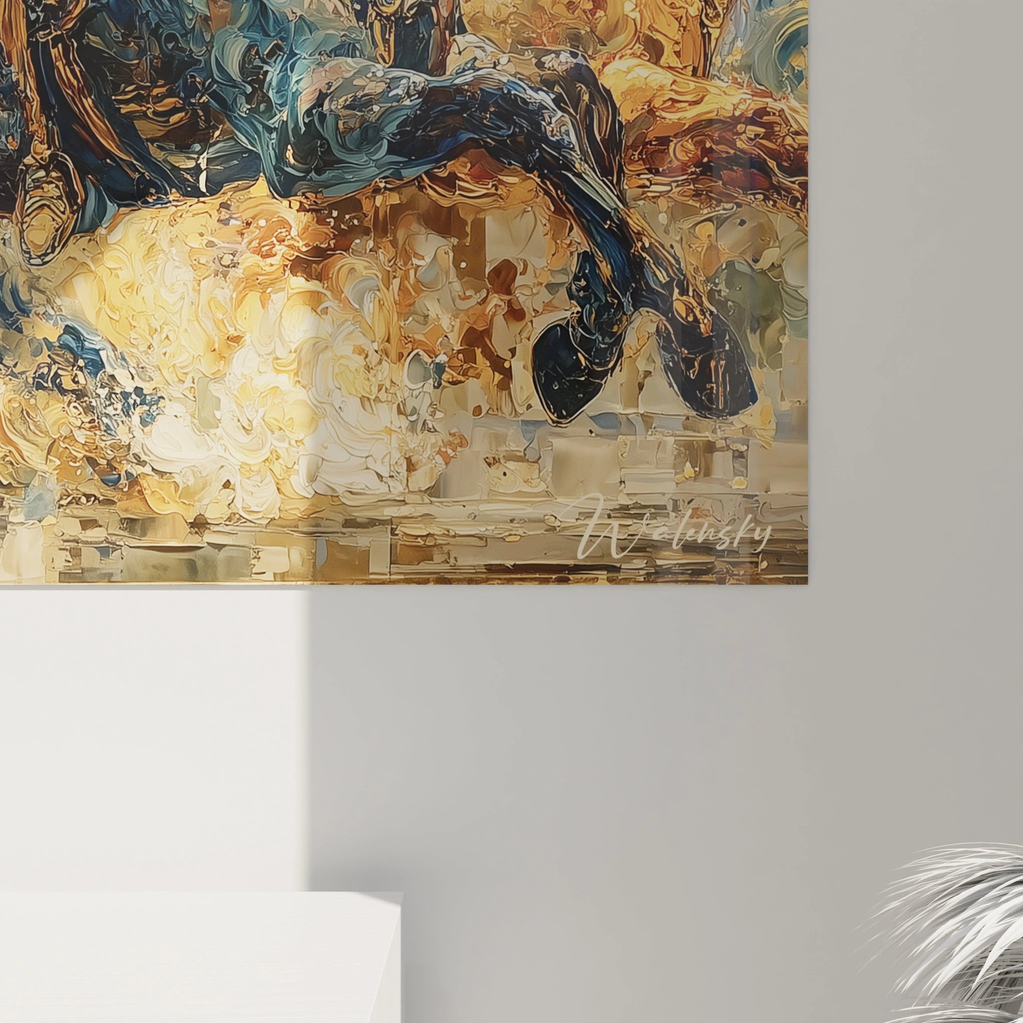 Tableau mural Walensky peinture baroque abstraite représentant un cavalier stylisé en bleu et or tableau cavalier baroque