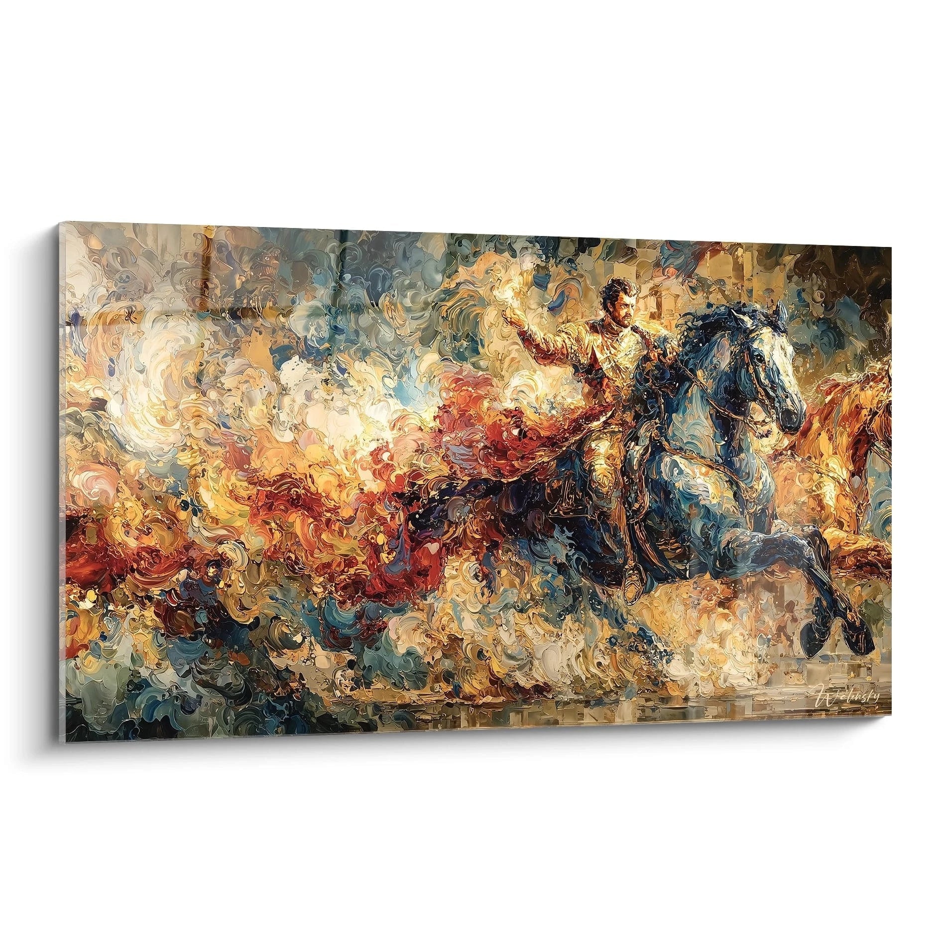 Tableau mural Walensky montrant un cavalier sur cheval cabré dans un tableau cavalier baroque aux couleurs tourbillonnantes