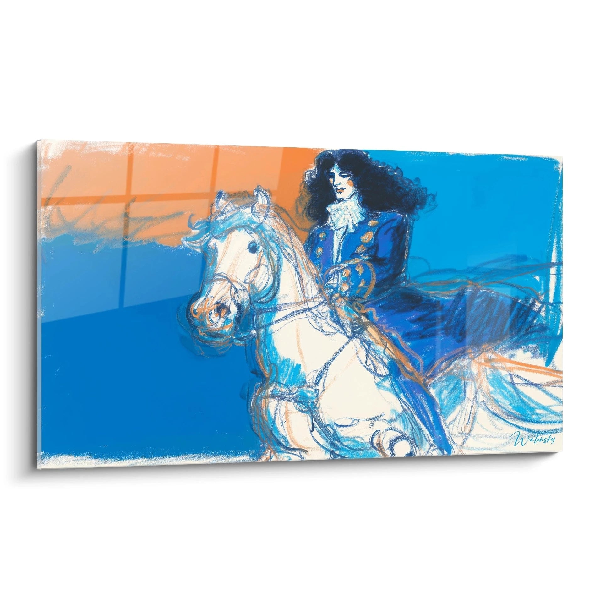 tableau mural Louis XIV par Walensky illustration contemporaine de Louis XIV à cheval en tons bleus imprimé sur toile