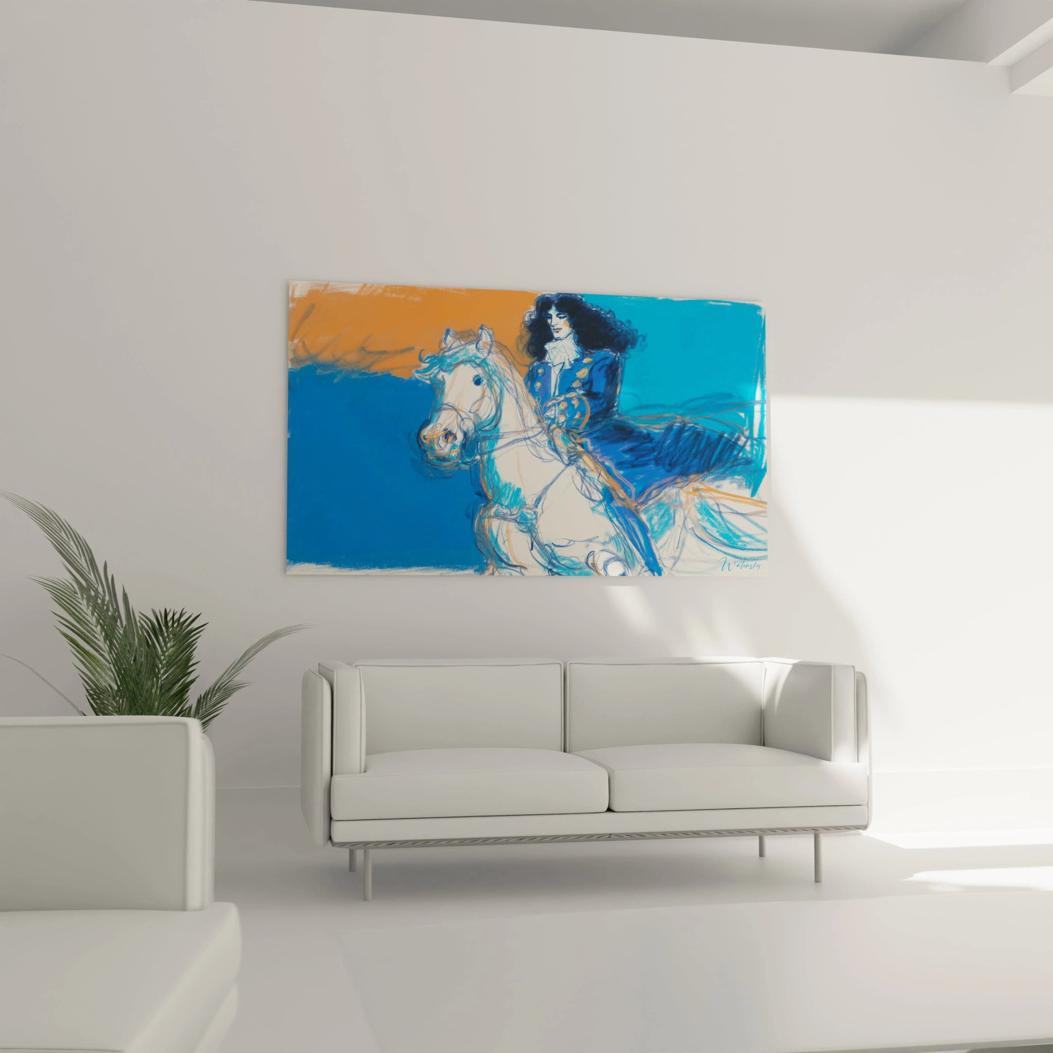 tableau mural Louis XIV Walensky peinture stylisee du roi a cheval en bleu et orange pour salon contemporain