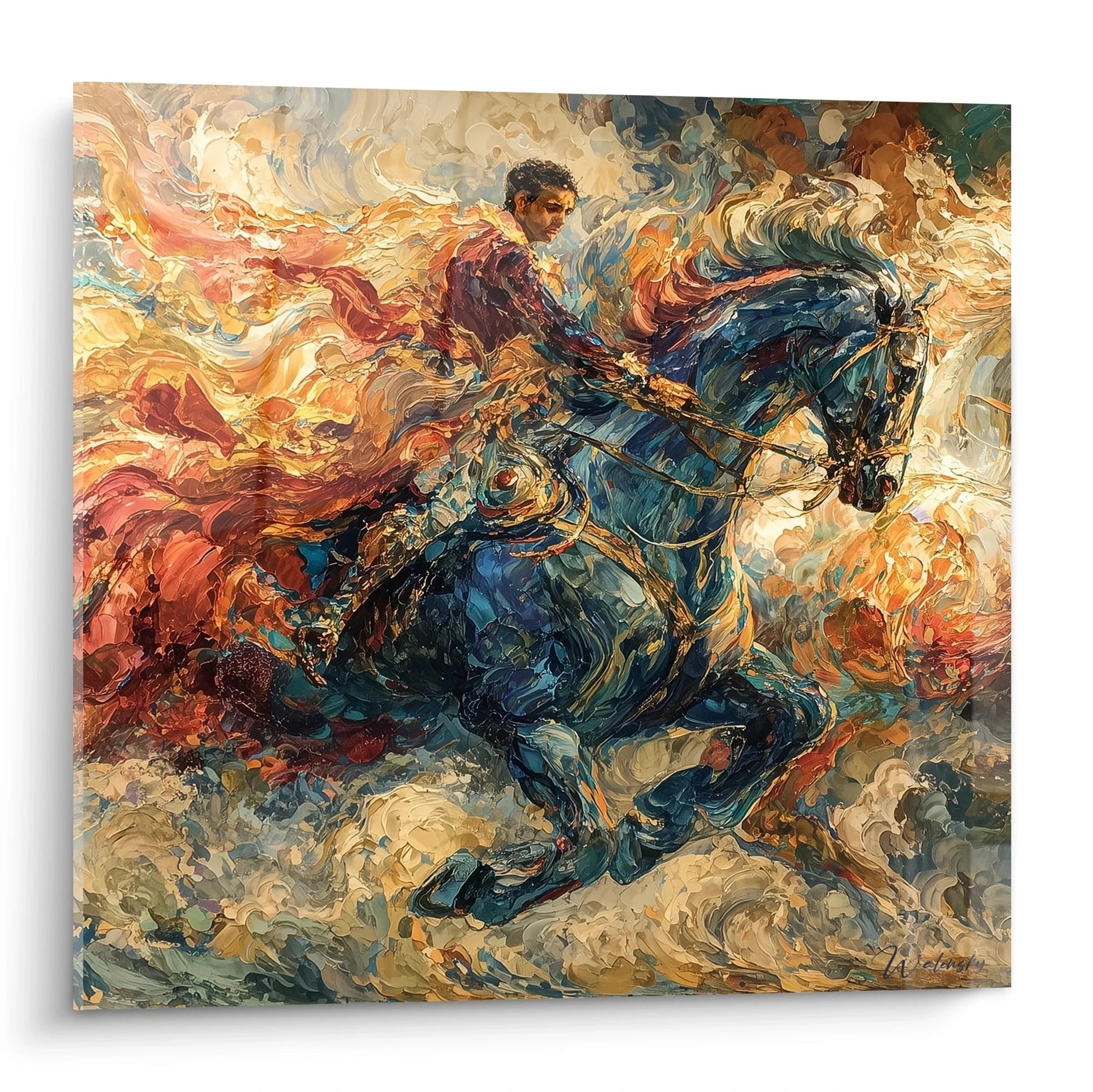 tableau cavalier renaissance italienne par Walensky peinture murale equestre aux couleurs vives et coups de pinceau dynamiques