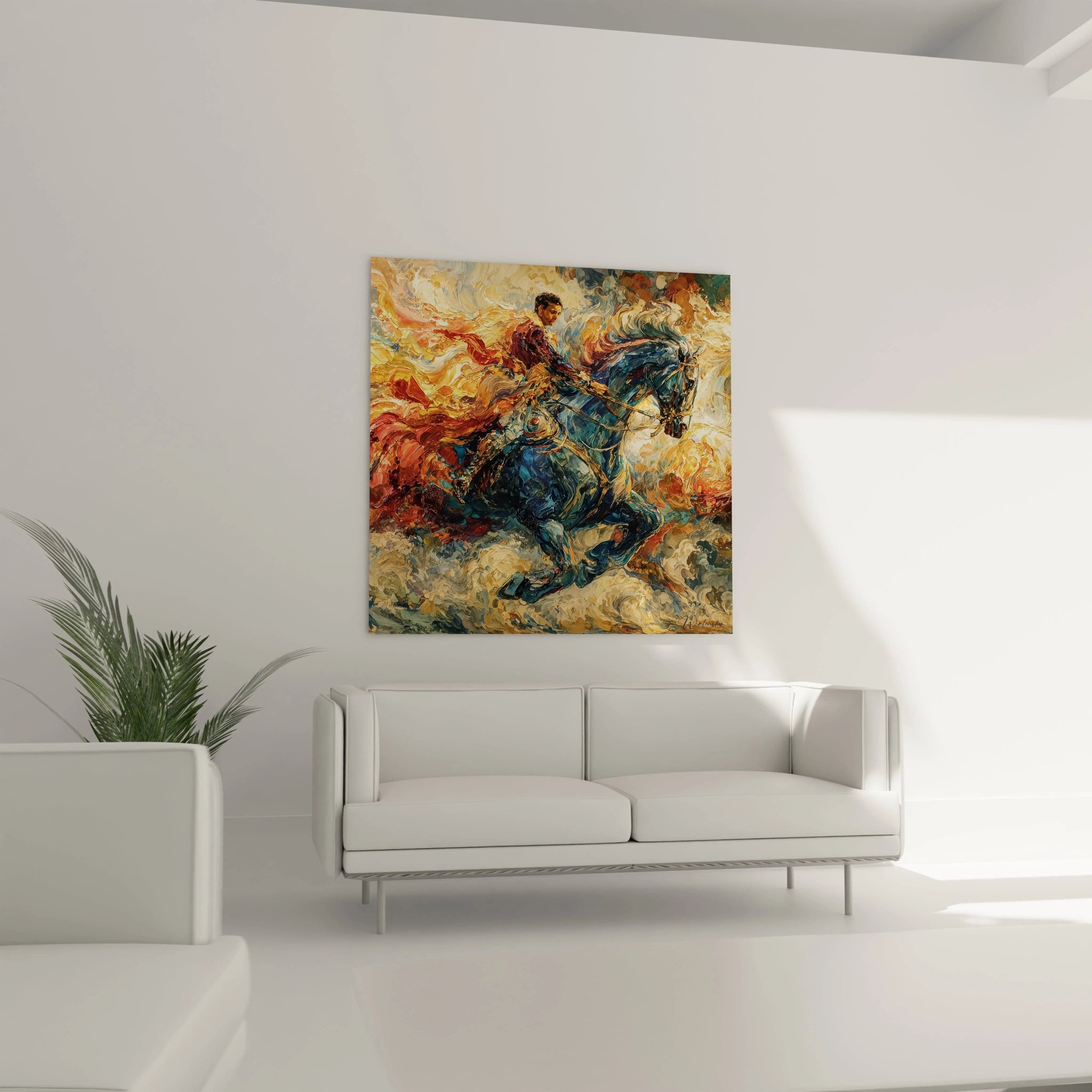 tableau cavalier renaissance italienne sur toile carrée colorée accroché au dessus d un canapé blanc moderne