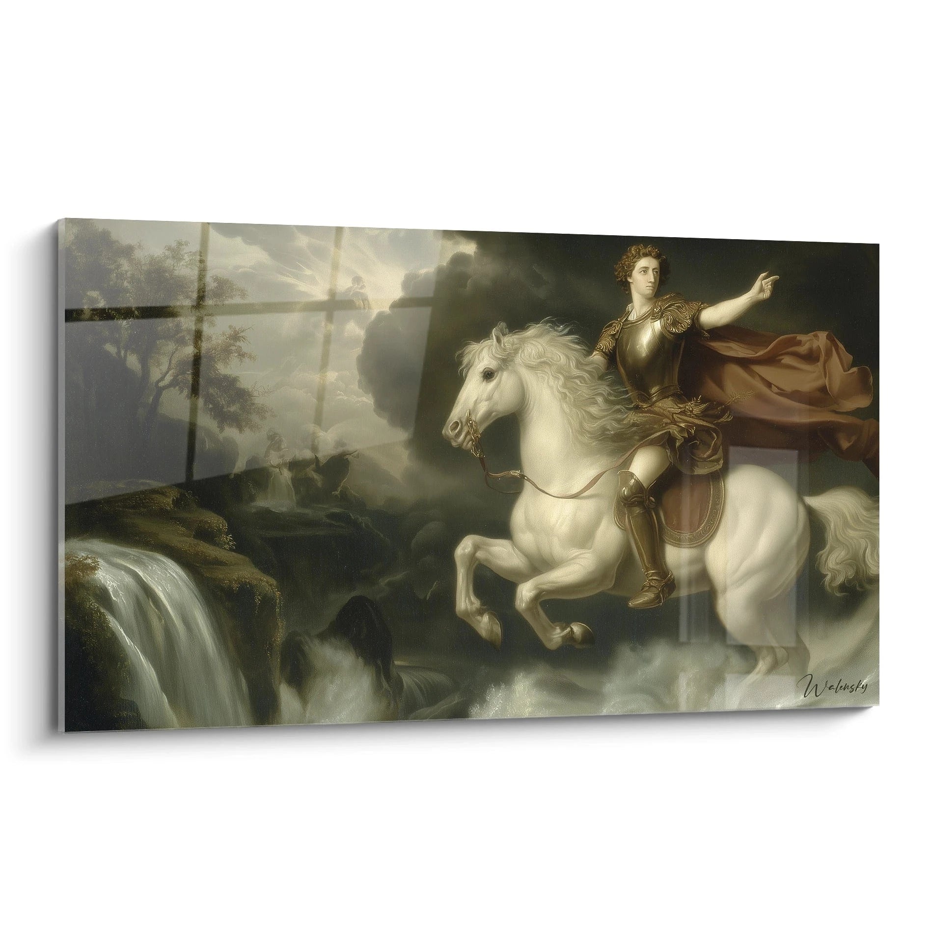 tableau néo classique cavalier Walensky représentant cavalier en armure sur cheval blanc près d'une cascade