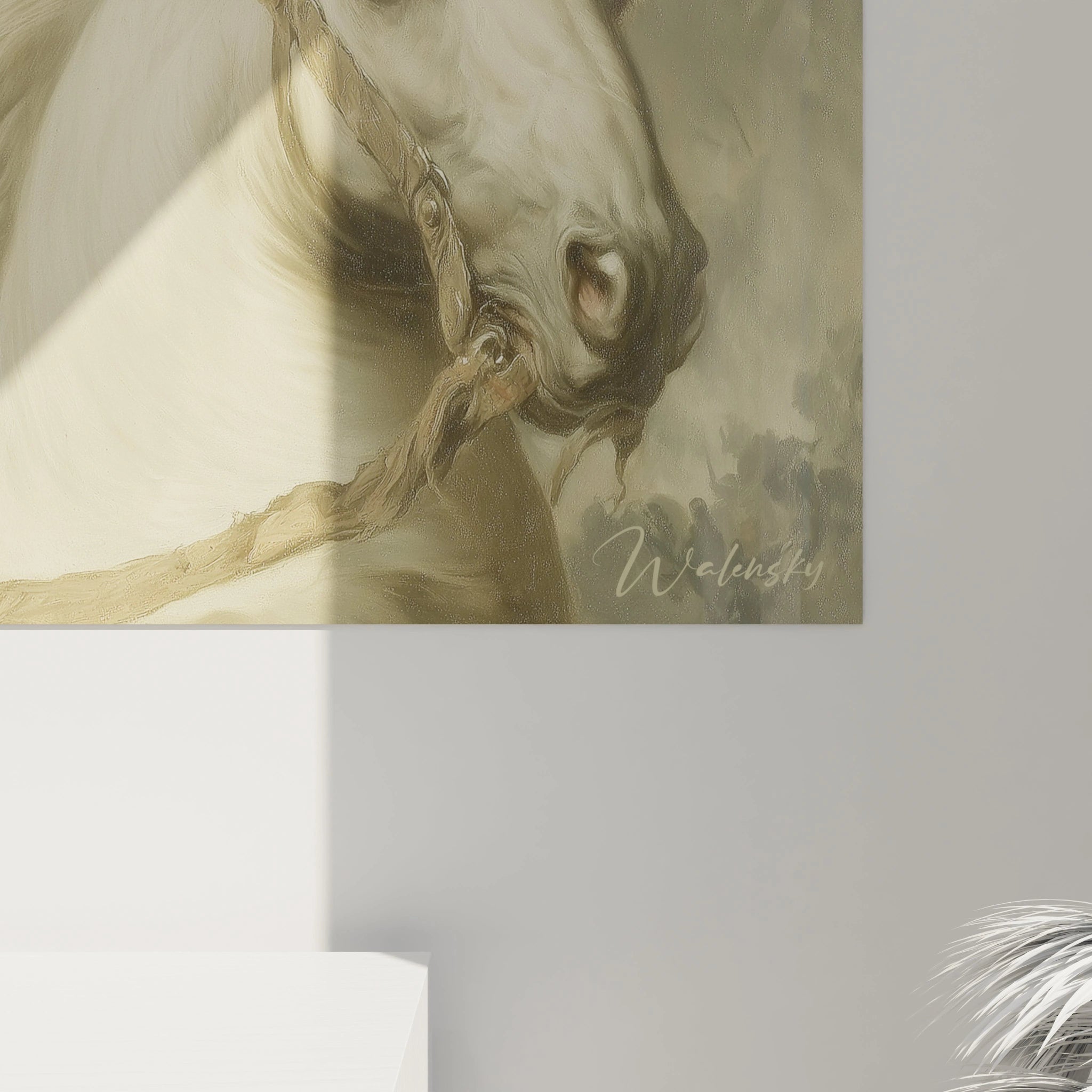 Tableau néo classique chevalier Walensky tableau mural peint cheval blanc en gros plan décor salon