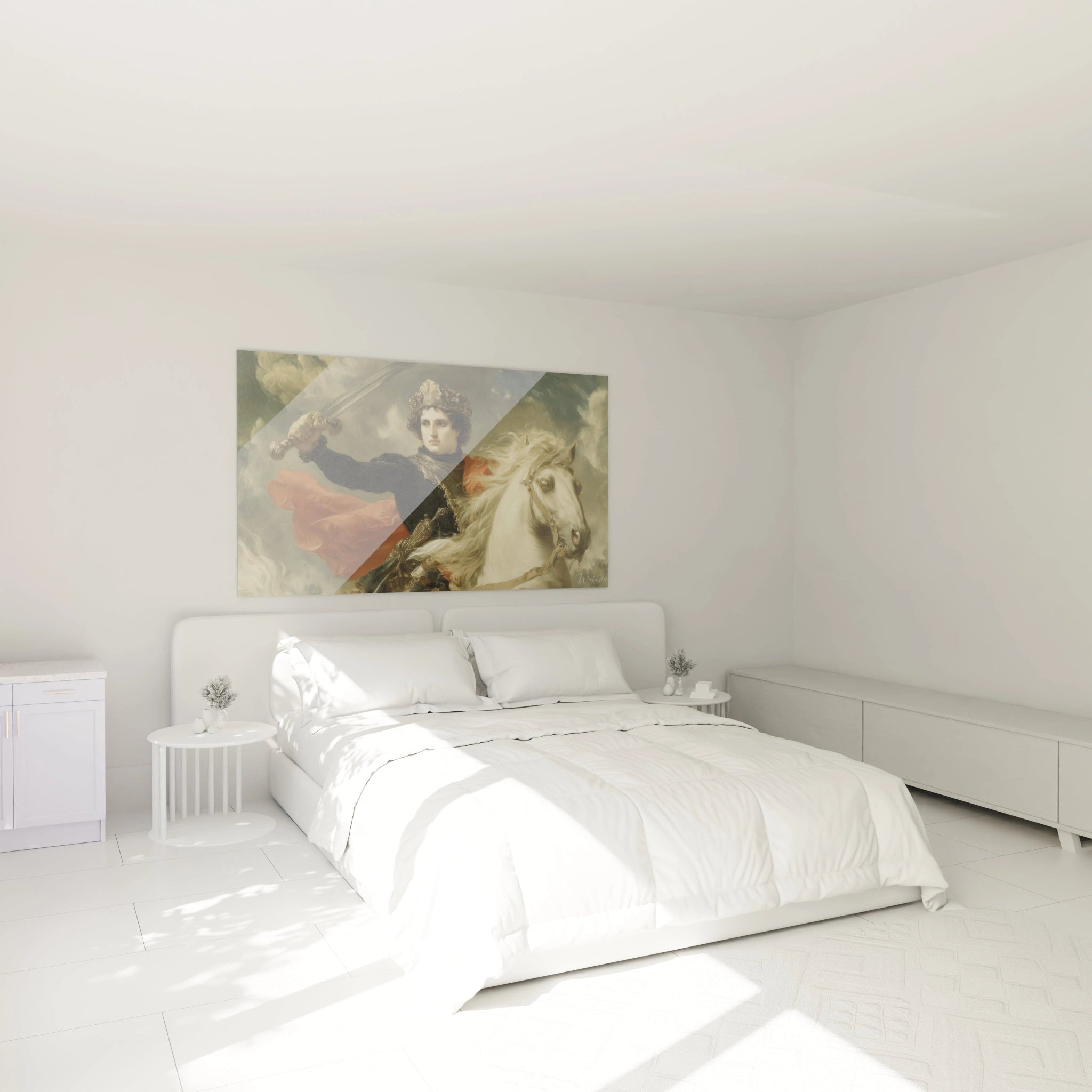 Walensky tableau néo classique chevalier mural représentant un chevalier et cheval blanc sur fond décoratif