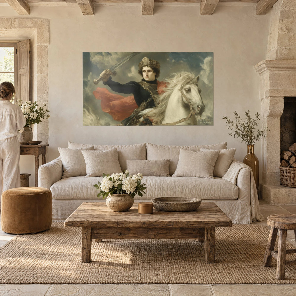 Quadro di un giovane cavaliere incoronato che brandisce la spada, mantello corallo e cavallo bianco, sopra un divano in un soggiorno luminoso