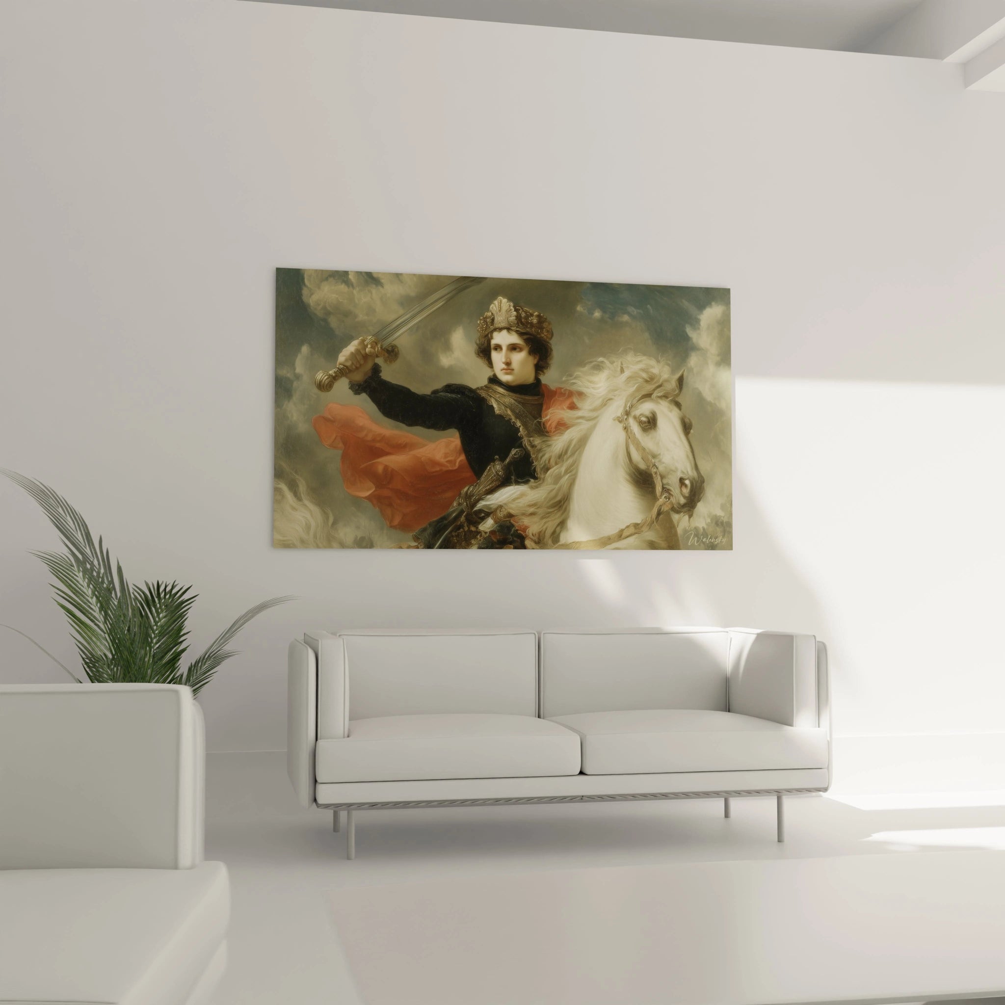 tableau néo classique chevalier Walensky accroché au mur d un salon minimaliste cavalier couronne épée sur cheval blanc