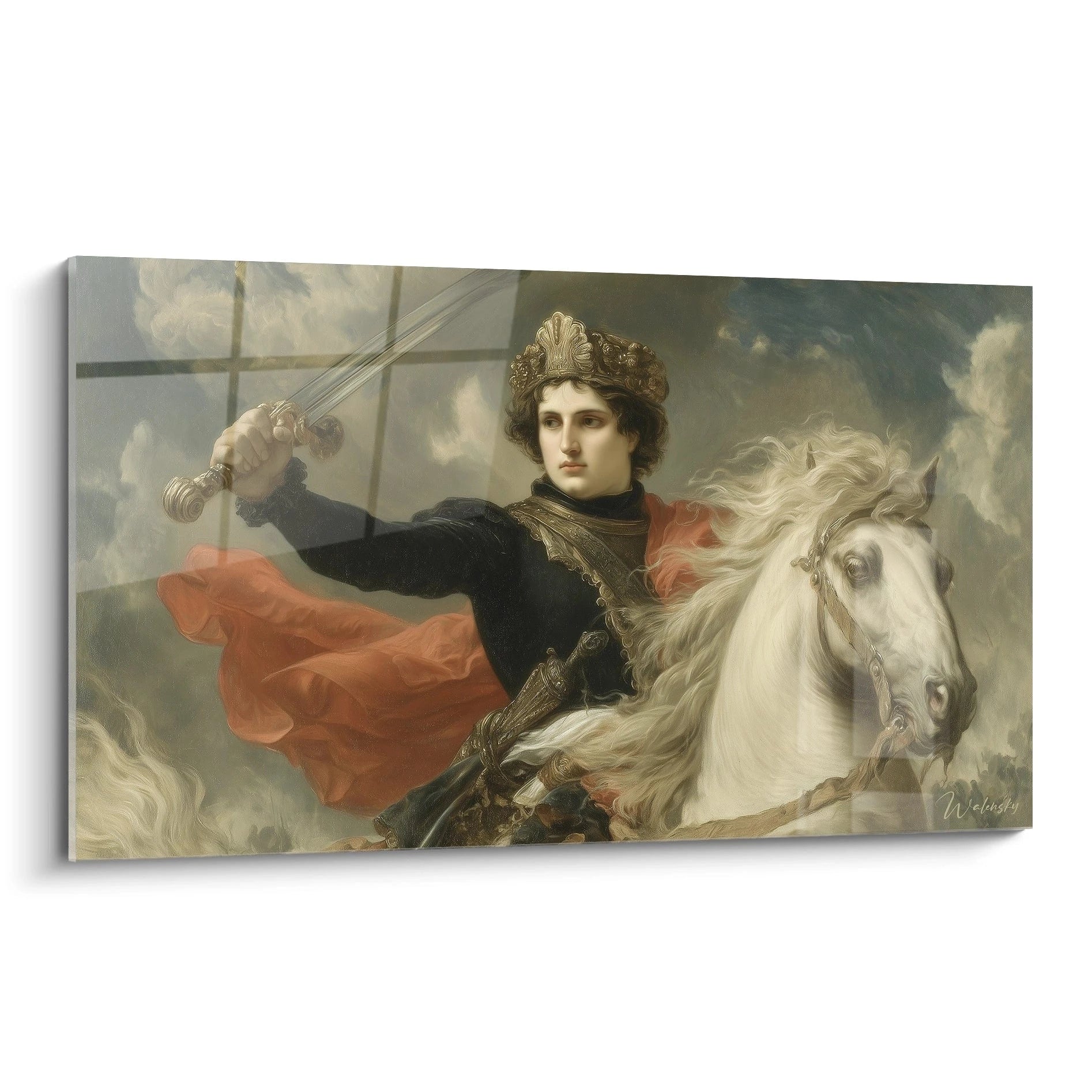 tableau néo classique chevalier Walensky montrant un chevalier à cheval blanc avec épée levée et cape rouge