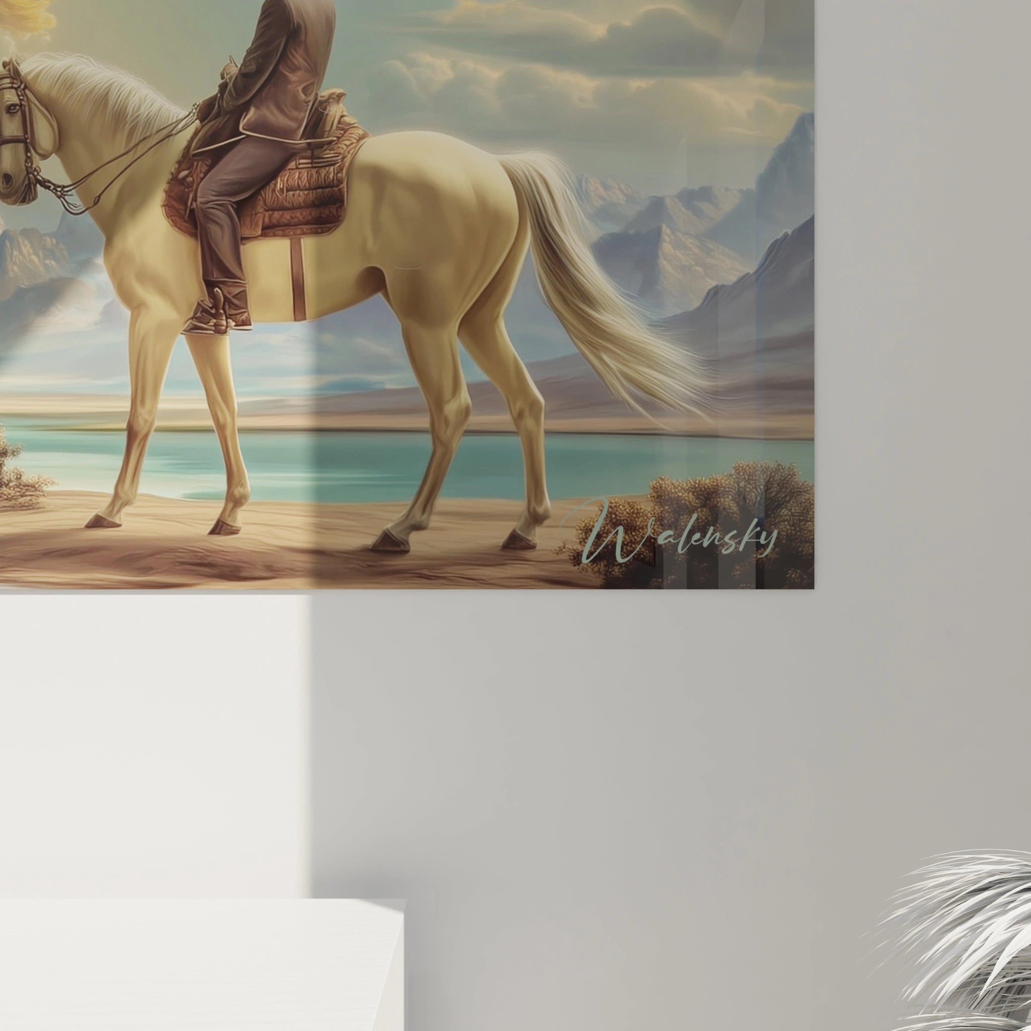 Tableau mural Walensky montrant cheval et cavalier devant lac et montagnes tableau surréaliste jardin aérien signé