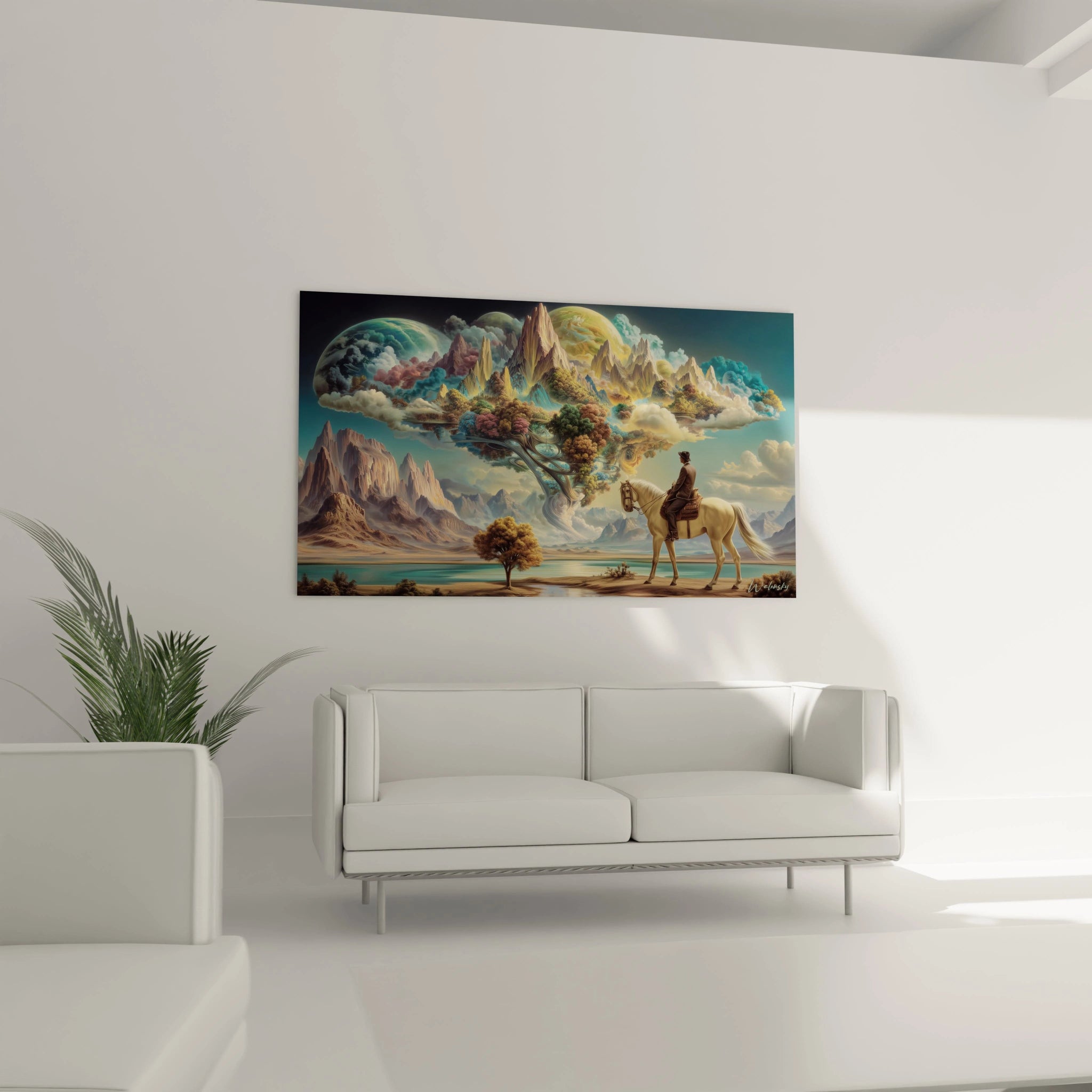 Tableau mural Walensky montrant un tableau surréaliste jardin aérien avec chameau île flottante et canapé blanc en décor