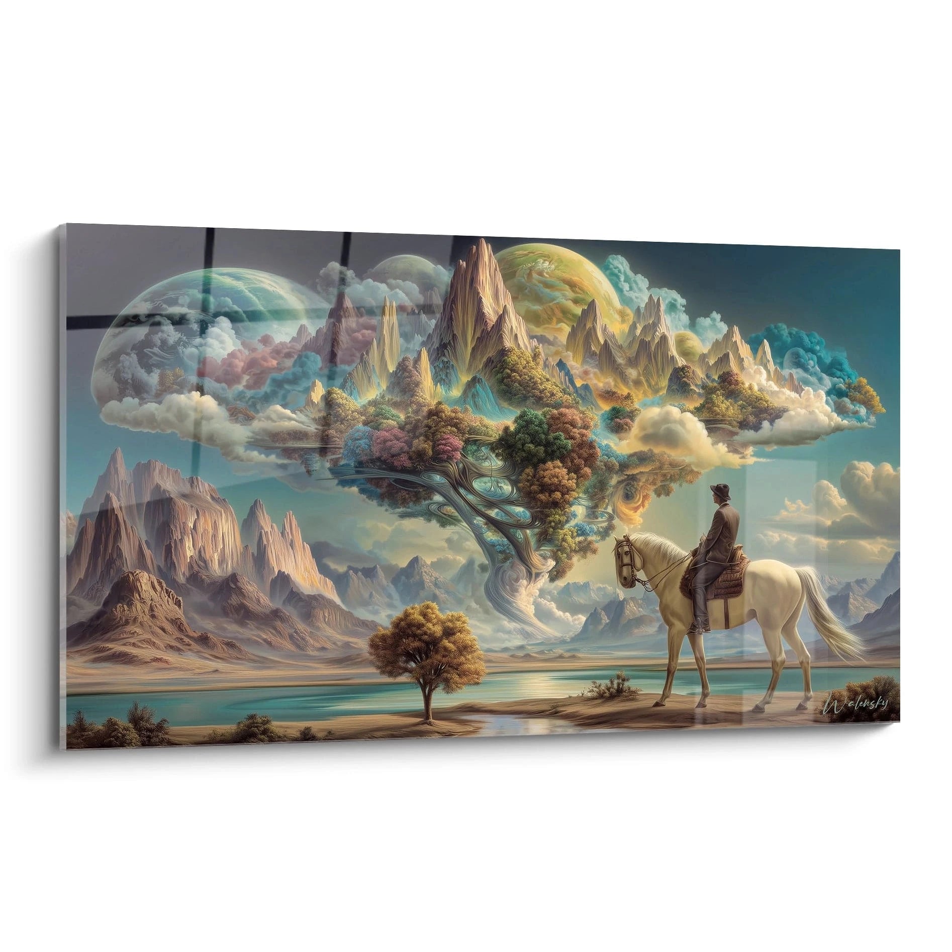 tableau surréaliste jardin aérien Walensky montrant un cavalier à cheval contemplant une île nuage flottante et montagnes