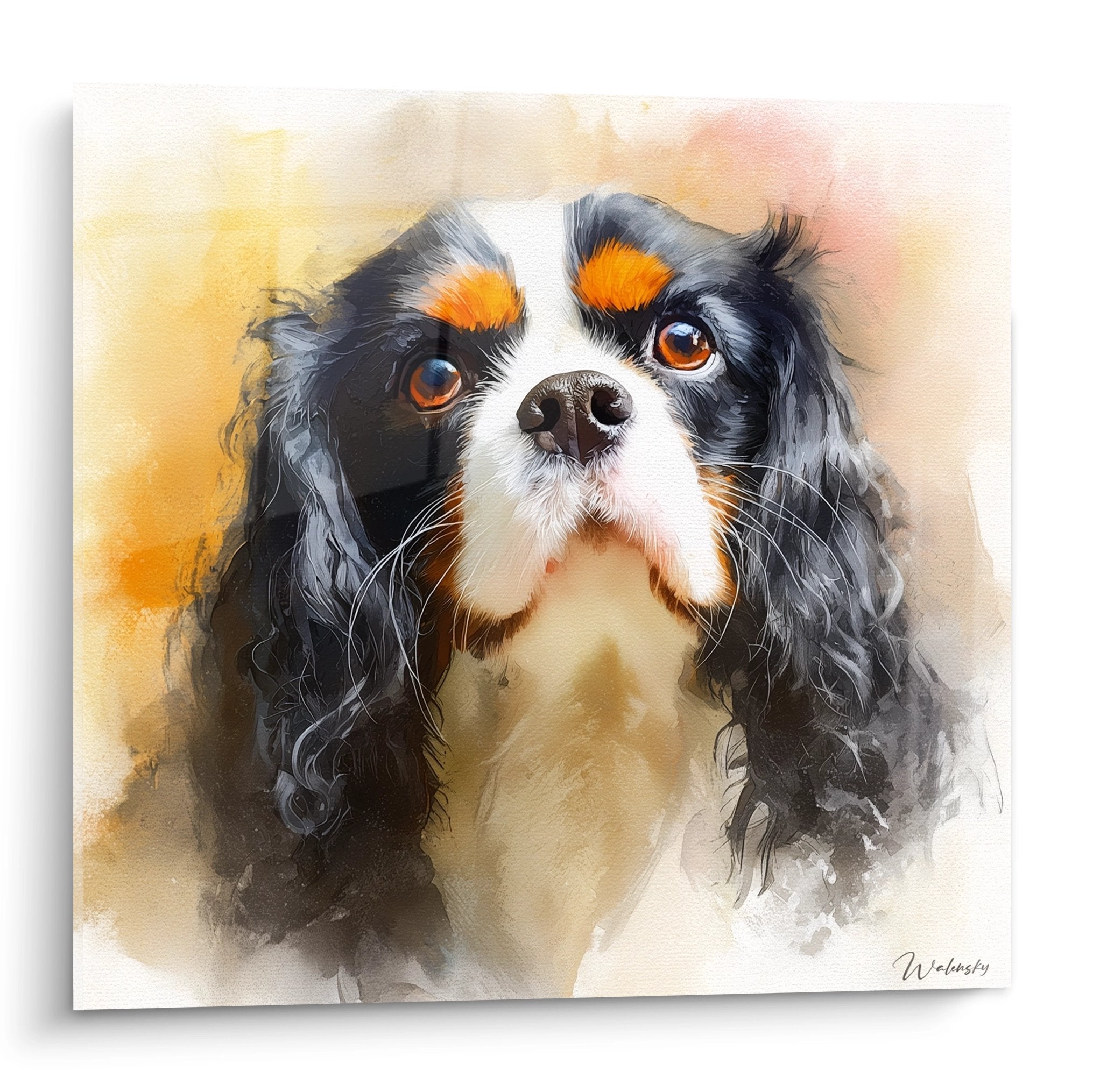 Tableau aquarelle Cavalier King Charles tricolore aux yeux ambrés sur fond orangé et rose