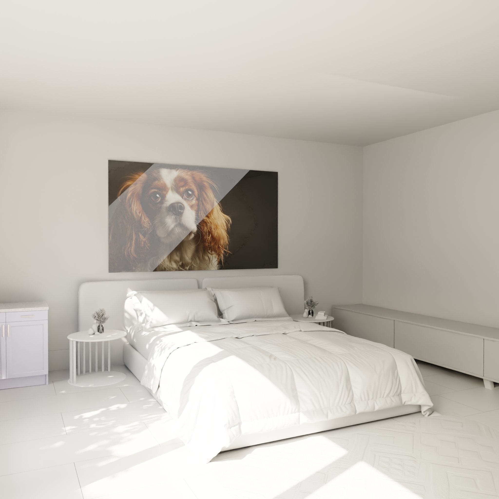 Tableau portrait Cavalier King Charles roux et blanc dans chambre moderne décoration murale chaleureuse