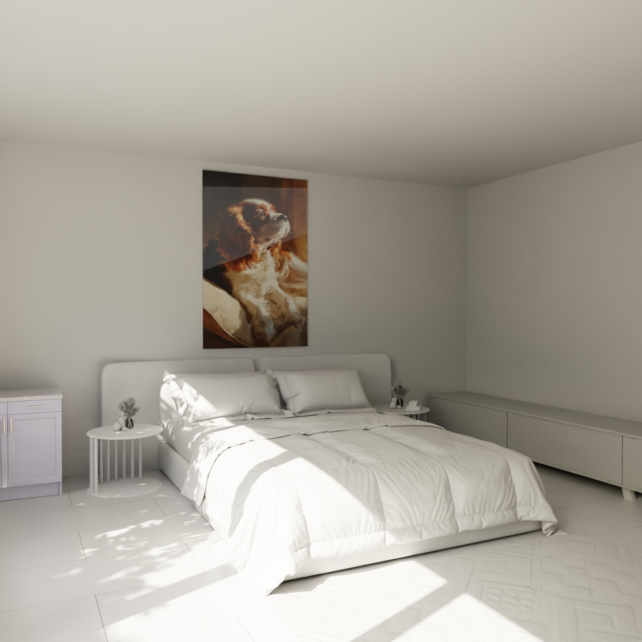 Decoration murale Cavalier King Charles chambre ambiance chaleureuse tons dores et bruns