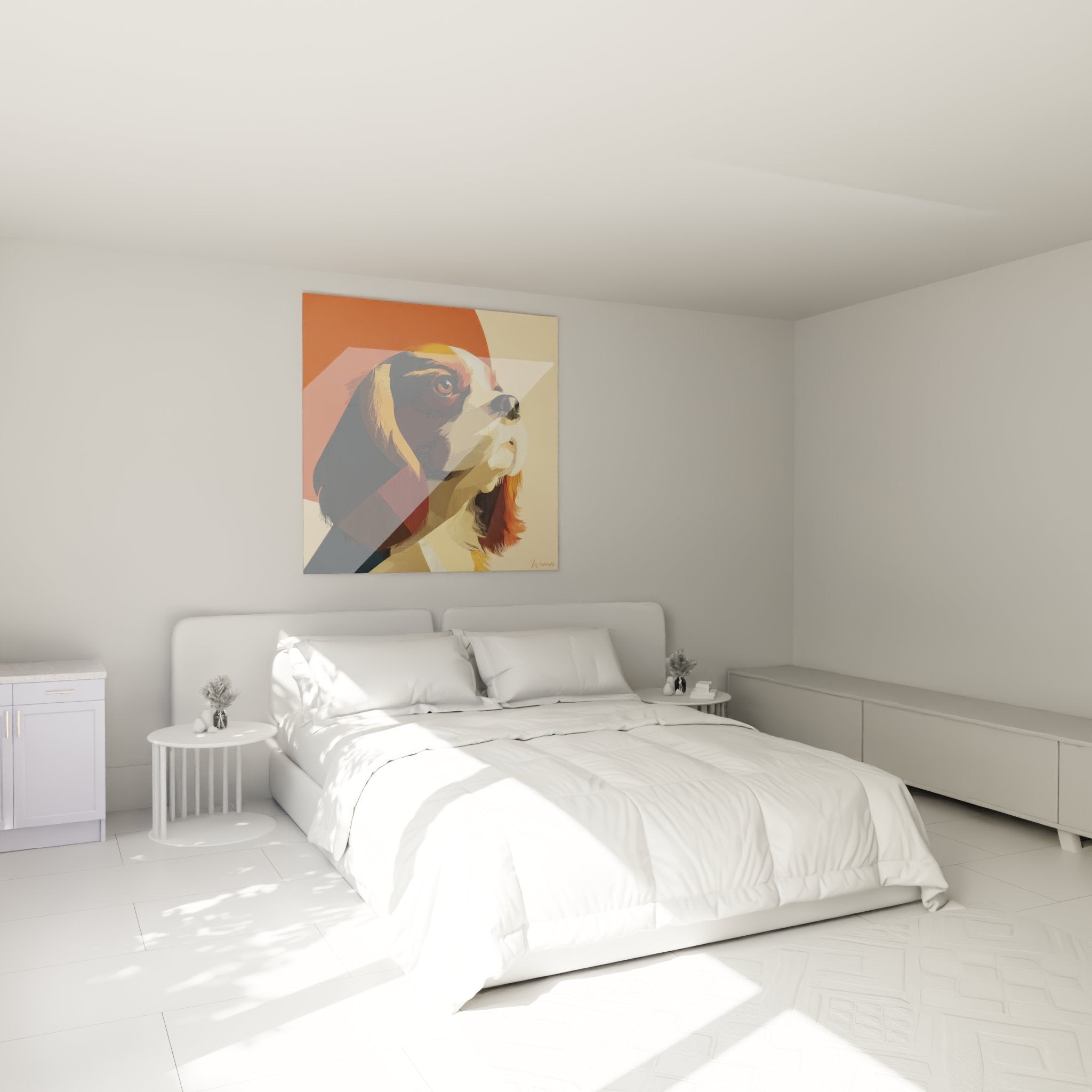 Tableau cavalier king charles chambre decoration murale art canin moderne tons chauds