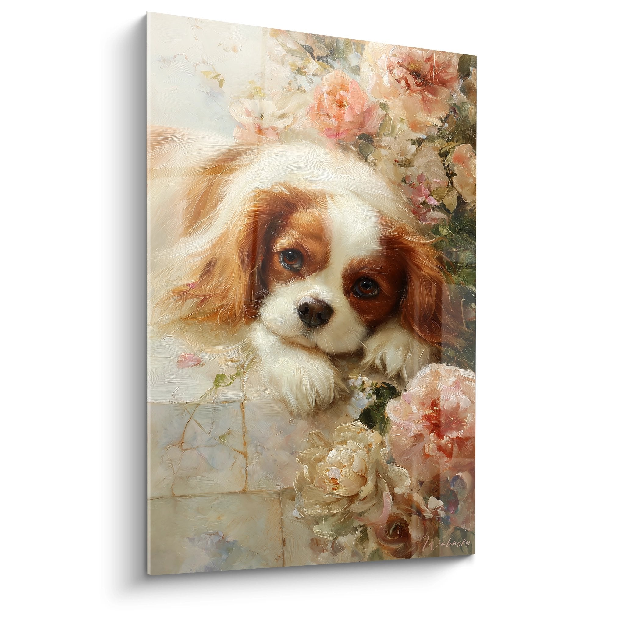 Tableau Cavalier King Charles chiot roux et blanc entoure de roses roses et blanches style romantique pastel