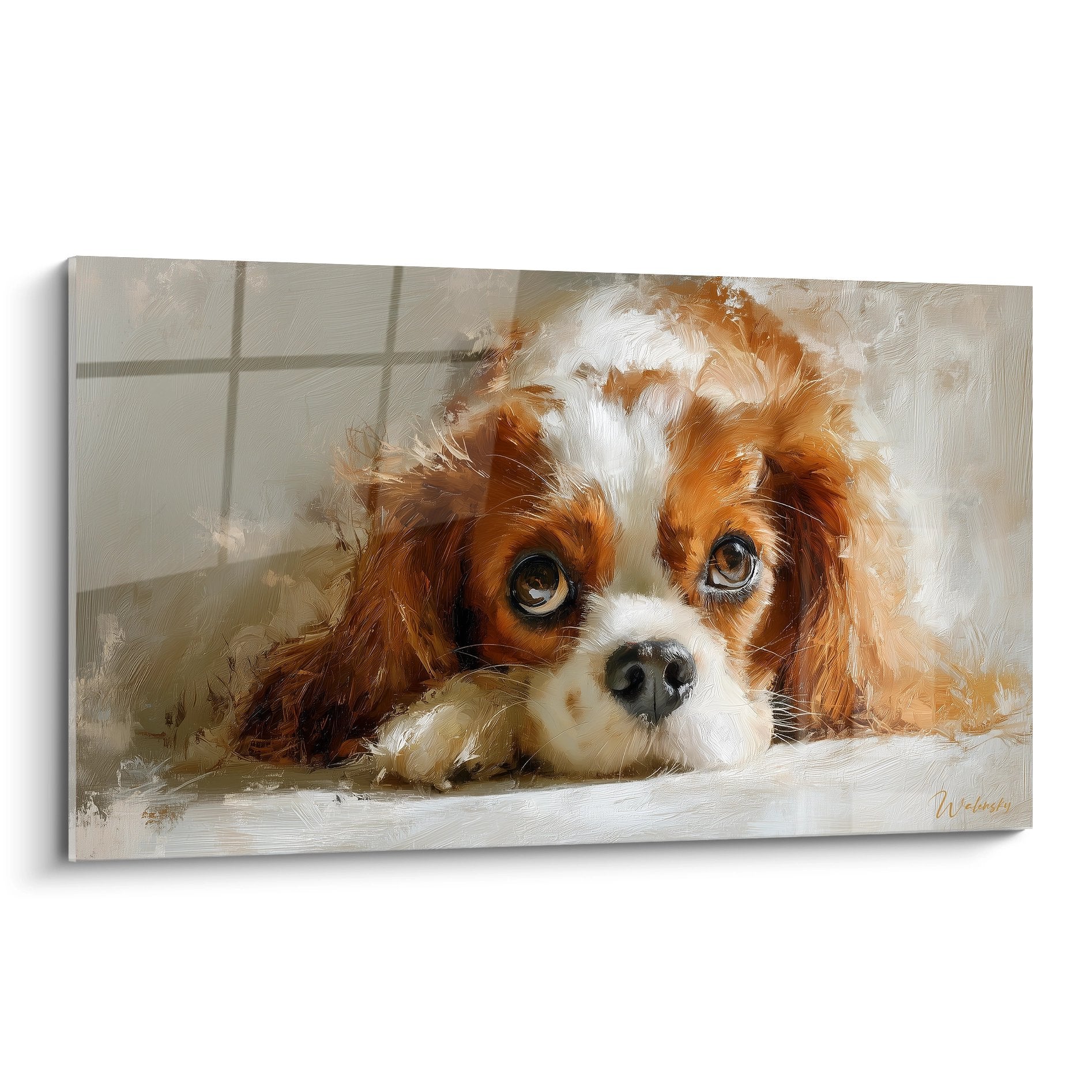 Portrait realiste cavalier king charles aux yeux dores expressifs pelage roux et blanc peinture animaliere