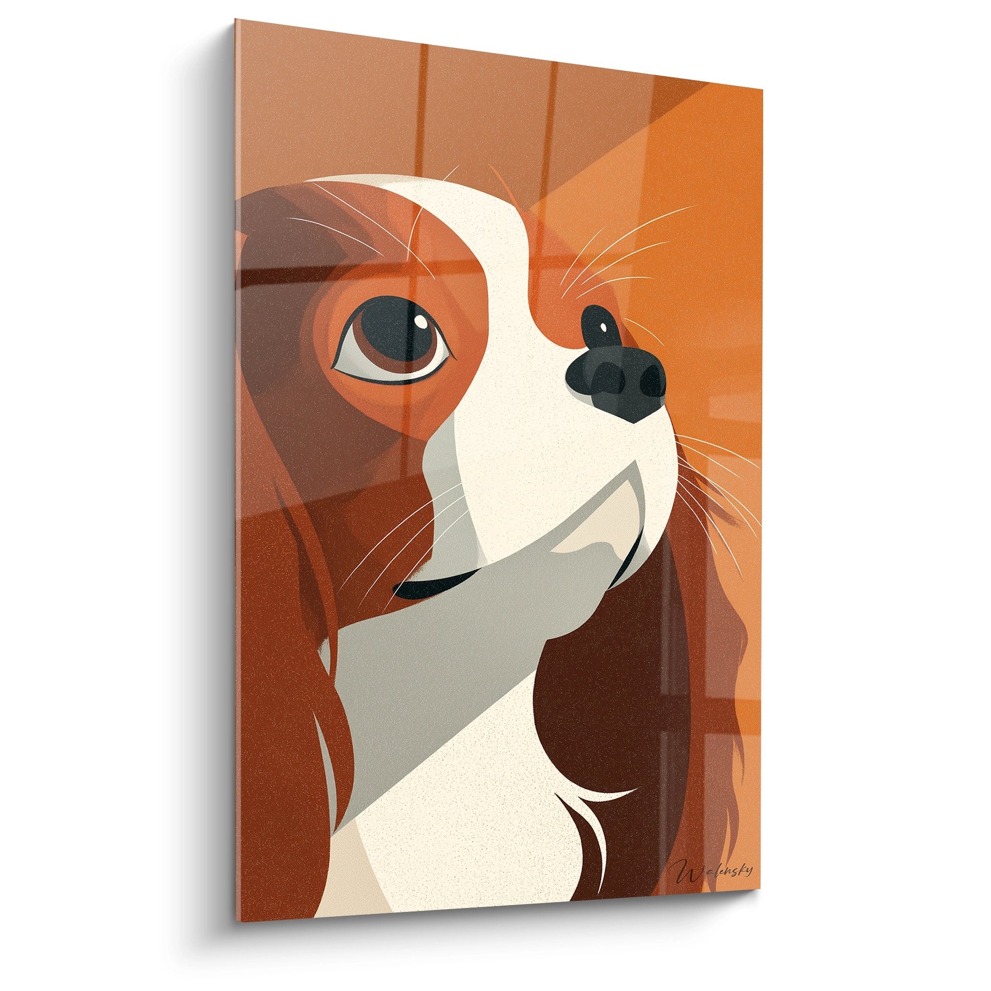 Tableau cavalier king charles portrait stylise tons oranges et creme style geometrique moderne