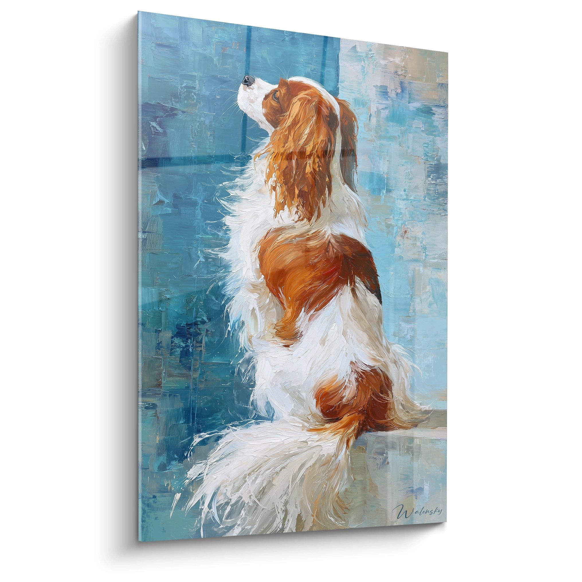 Tableau Cavalier King Charles roux et blanc regardant vers le ciel sur fond bleu turquoise, peinture artistique