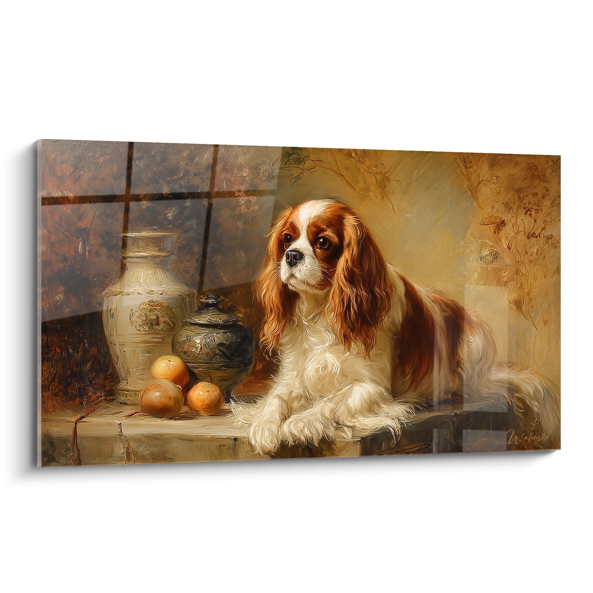 Tableau portrait Cavalier King Charles roux et blanc avec vases orientaux et oranges dans décor classique doré