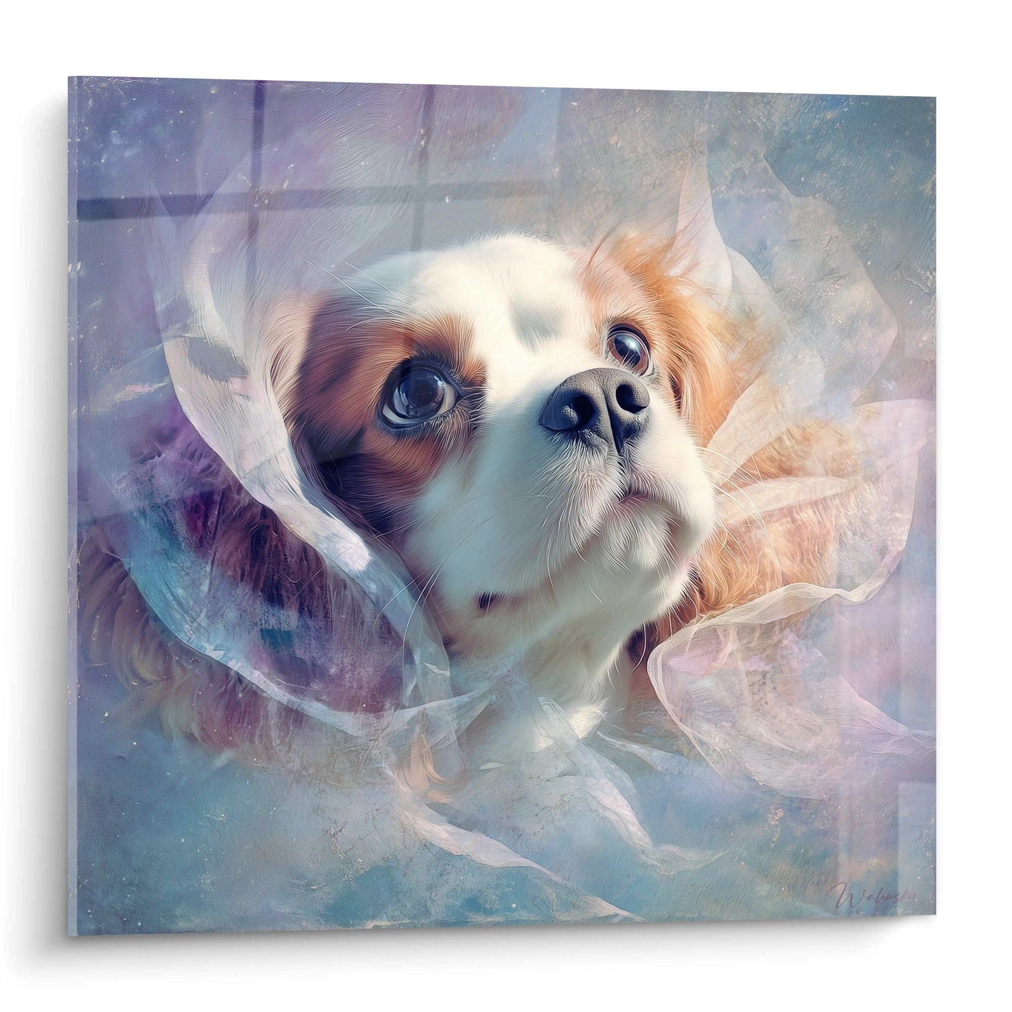 Tableau cavalier king charles yeux bleus dans volutes pastel violet rose artistique