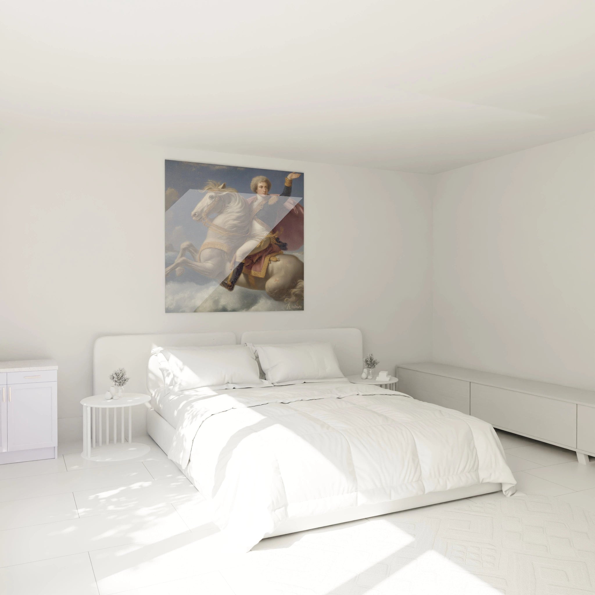 Walensky tableau mural dans chambre blanche minimaliste représentant un cavalier sur cheval blanc tableau cavalier néo classique