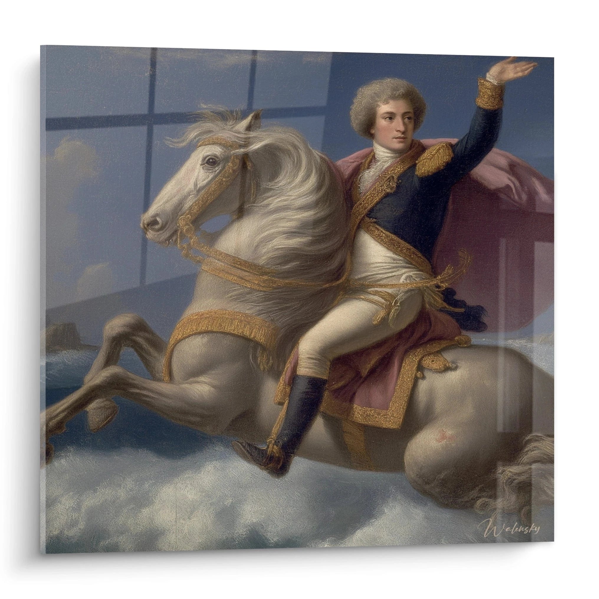 tableau cavalier néo classique Walensky montrant un officier en manteau bleu sur un cheval blanc galopant