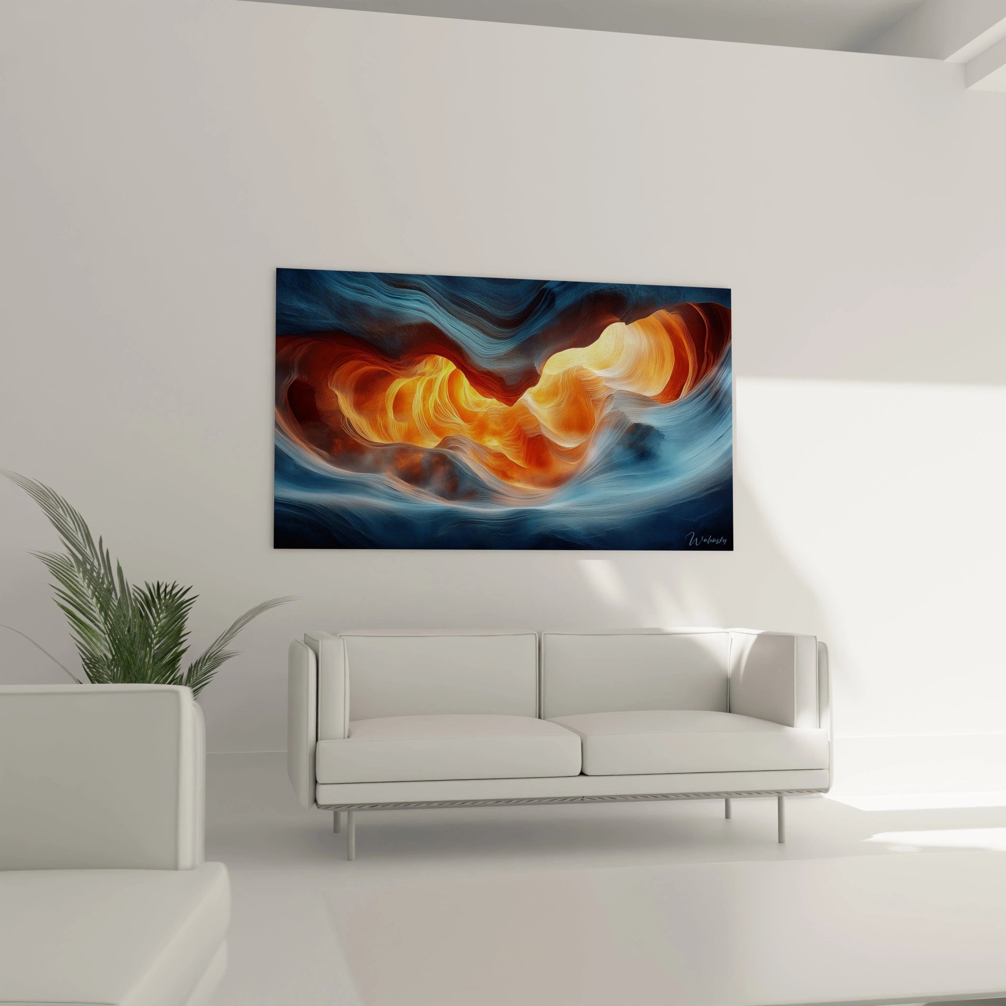 Un tableau abstrait de formation géologique montrant une grotte aux parois bleu profond traversée par un rayon de lumière aux teintes chaudes orange et or, créant un effet de profondeur par des courbes superposées et lisses.