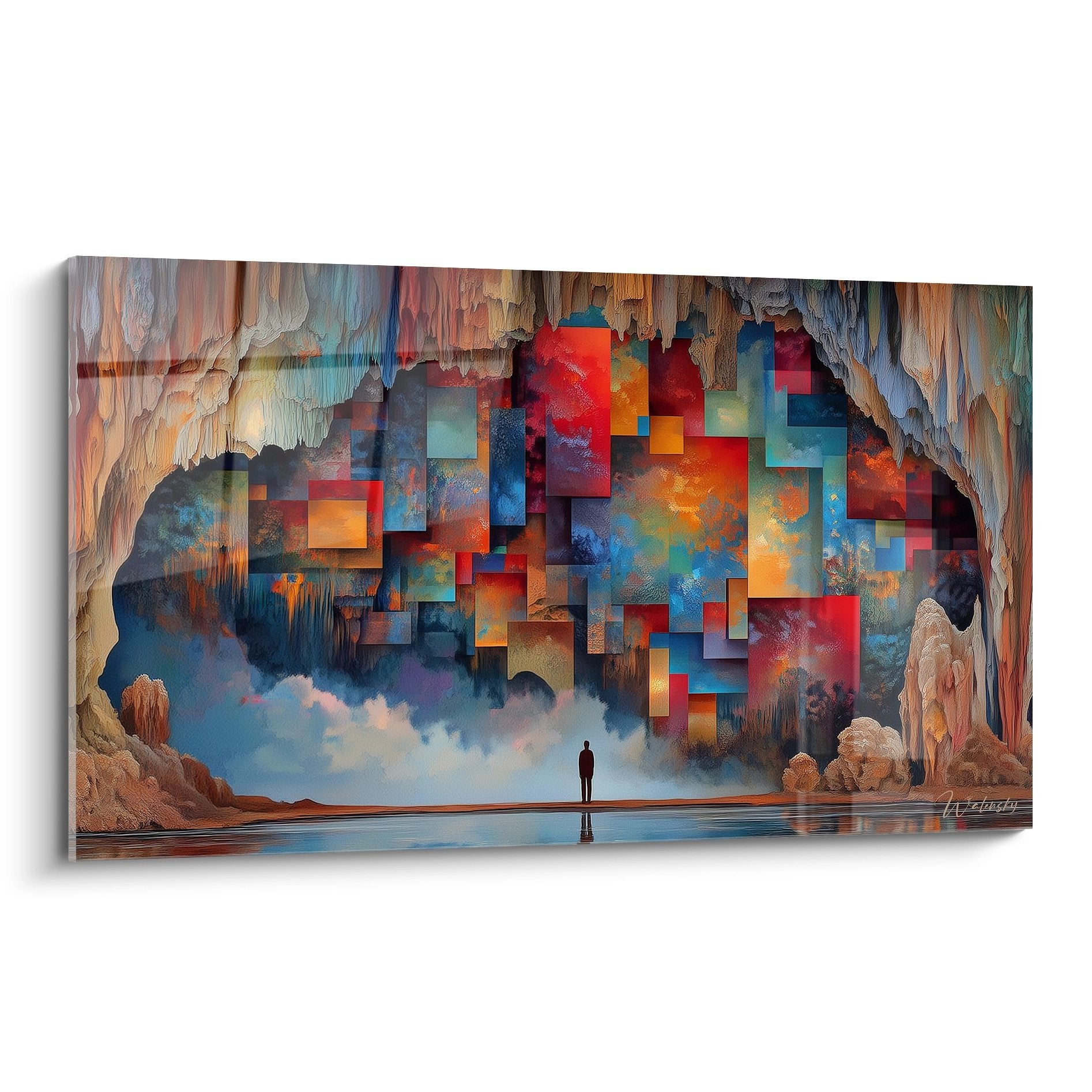 Tableau mural caverne digitale avec formation pixelisée colorée dans grotte naturelle