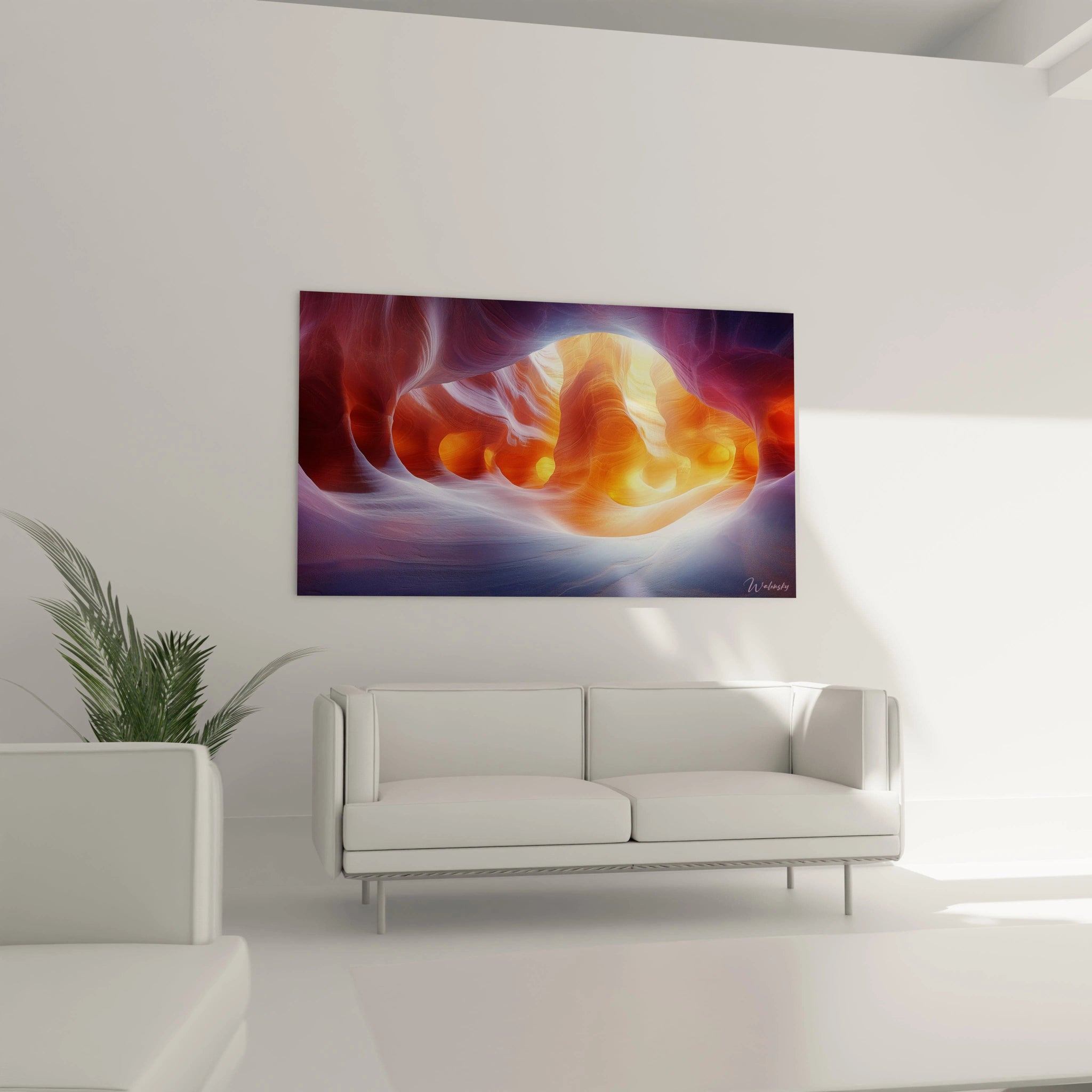 Un tableau caverne illustrant une ouverture lumineuse dans une formation rocheuse, où les tons orange chaleureux au centre s'opposent aux violets profonds des contours, créant un effet de profondeur et de mouvement figé dans la pierre.