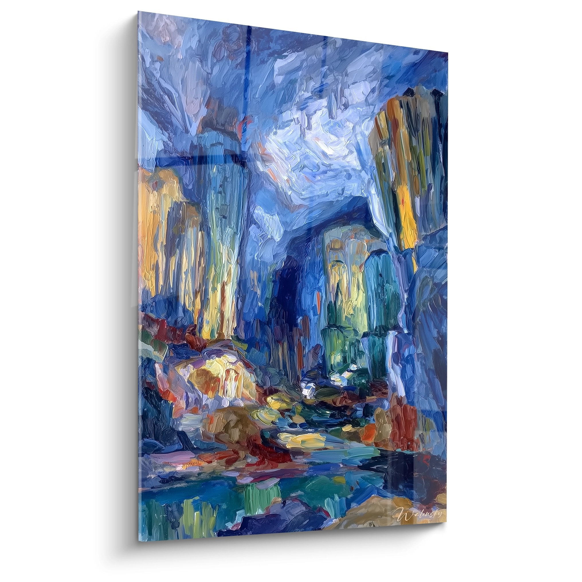 Tableau mural caverne souterraine illuminée, peinture grottes naturelles aux couleurs vives style impressionniste