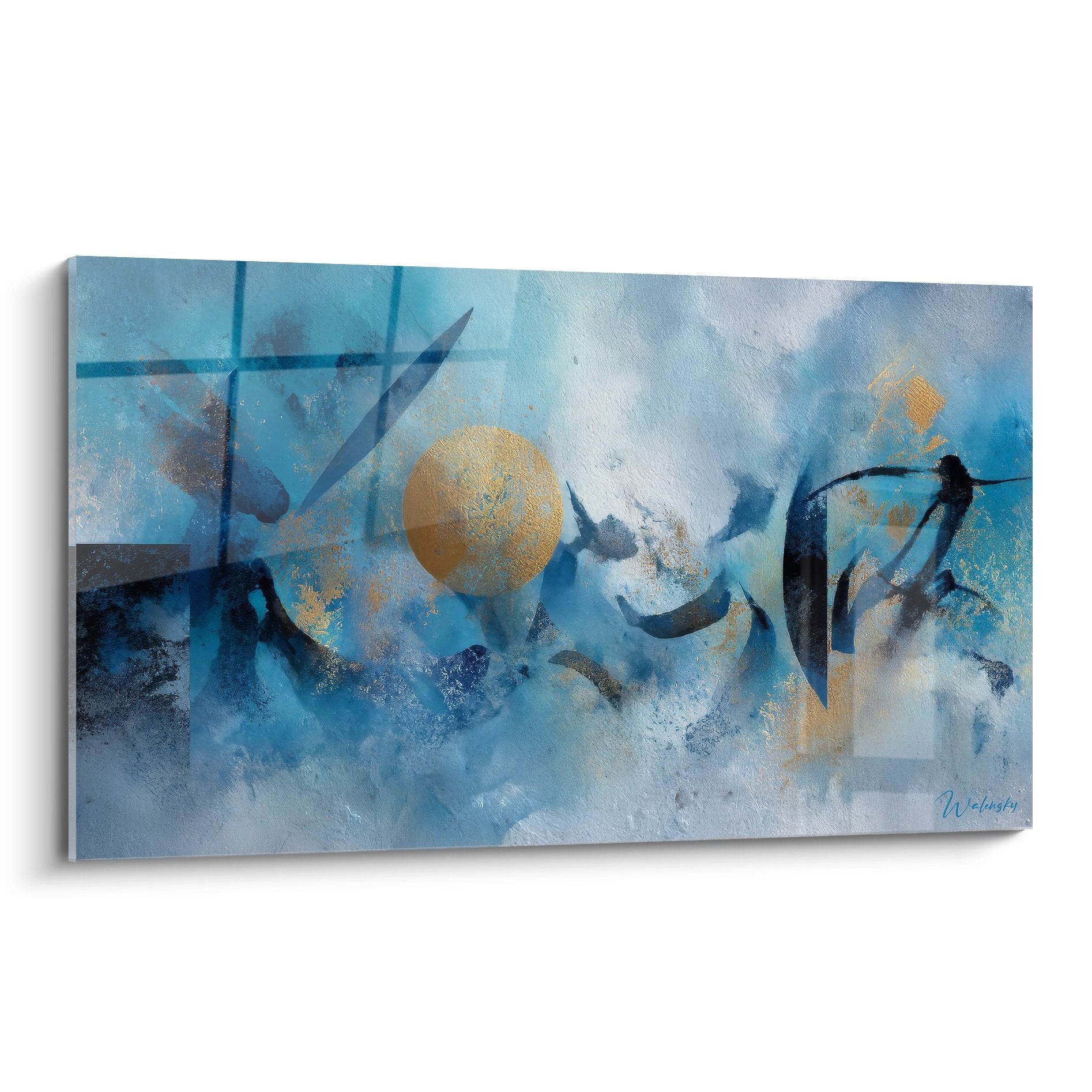 Tableau abstrait moderne avec cercle doré sur fond bleu nuageux, art contemporain mural