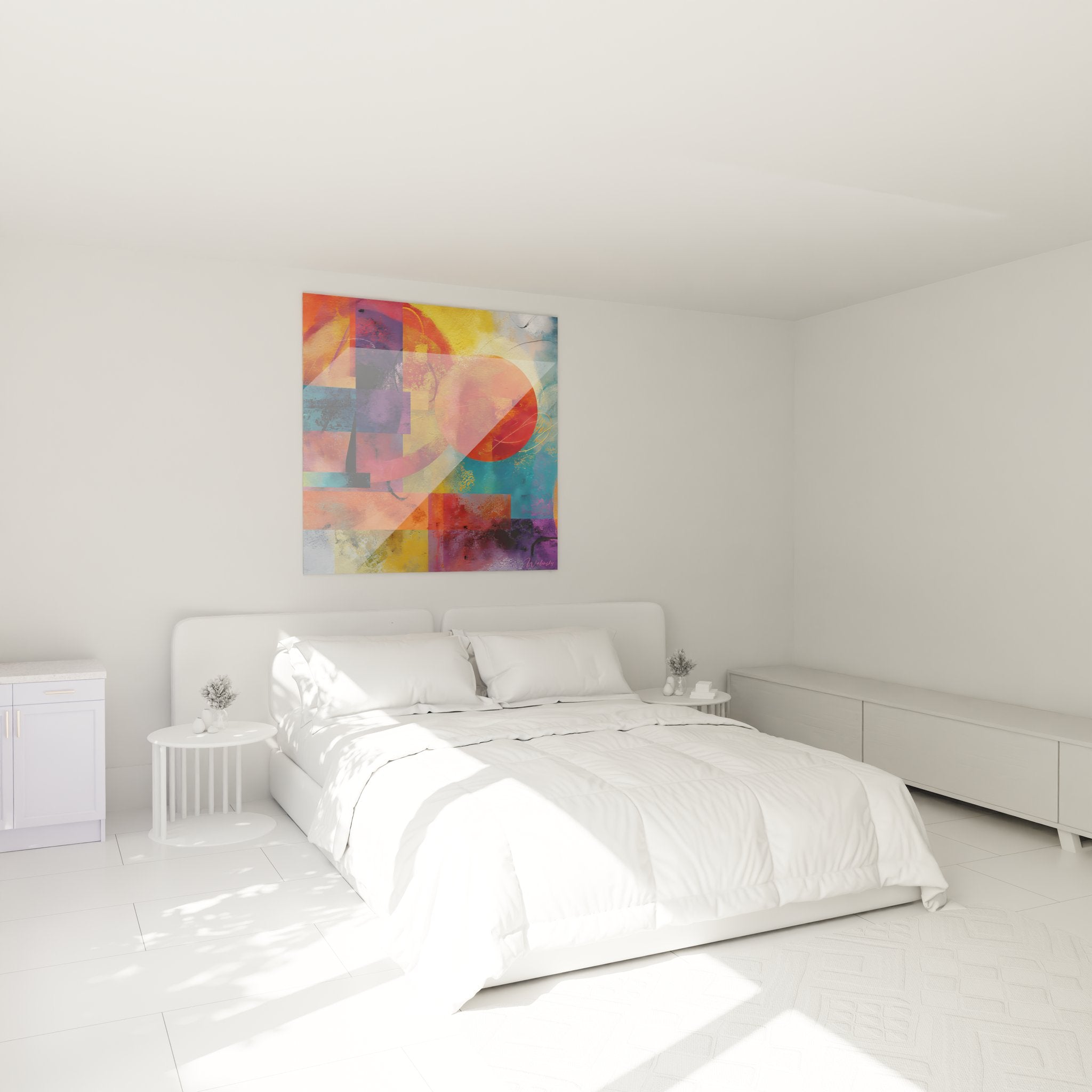 Tableau géométrique abstrait cercle orange dans ambiance chambre moderne contemporaine