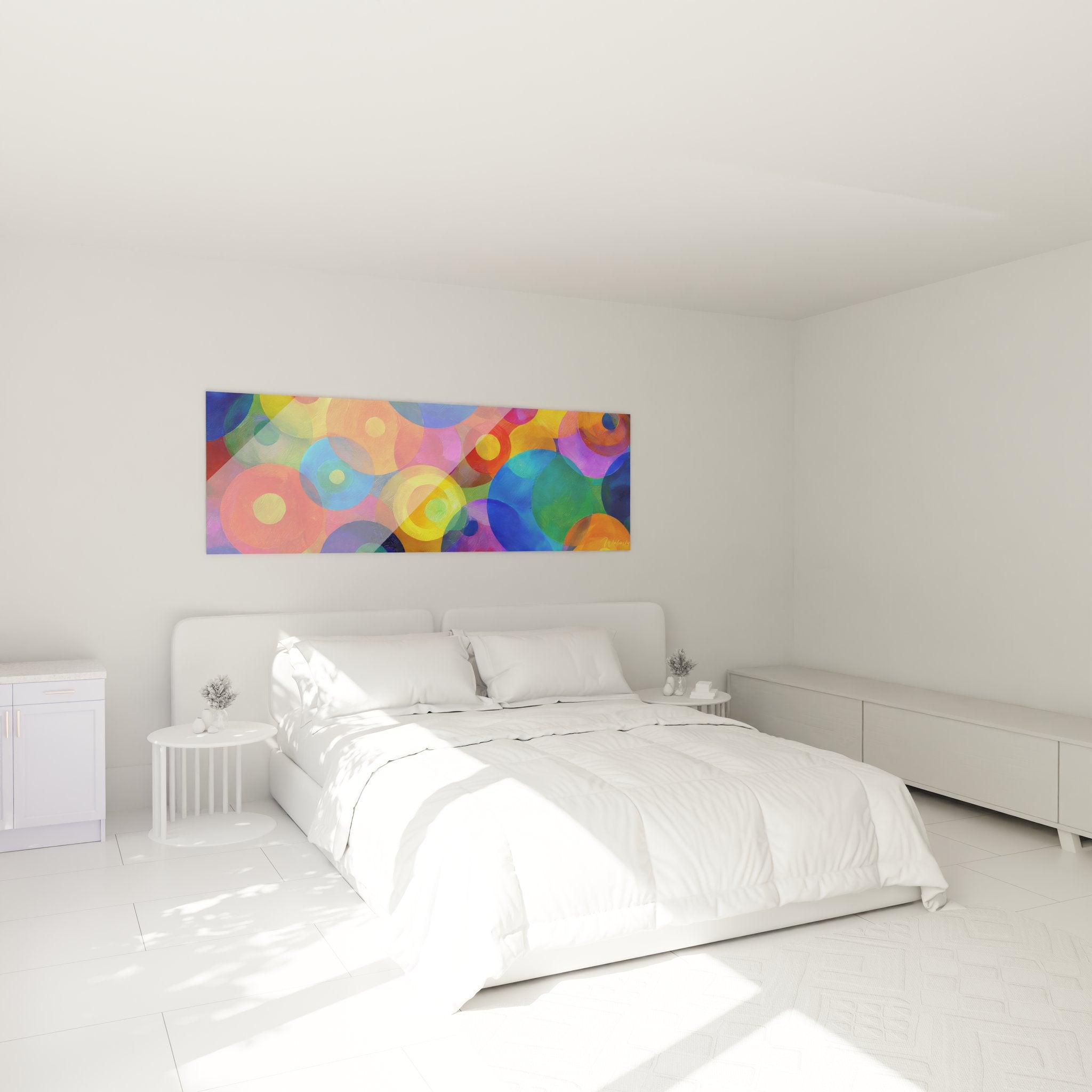 Ambiance chambre avec tableau cercles géométriques colorés décoration murale moderne